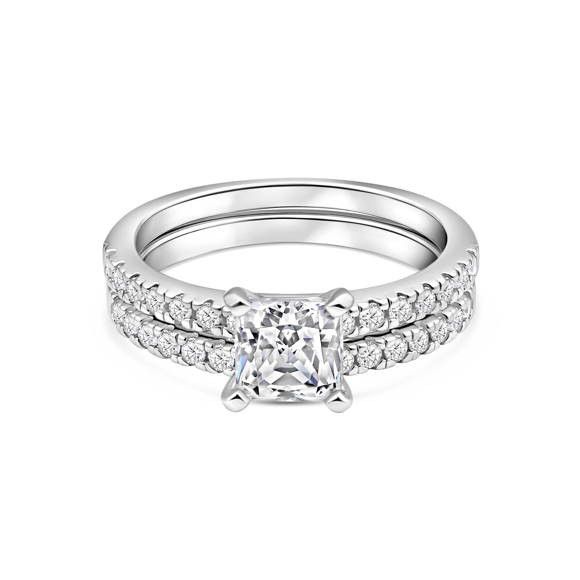 stunning silver engagement ring set on white background