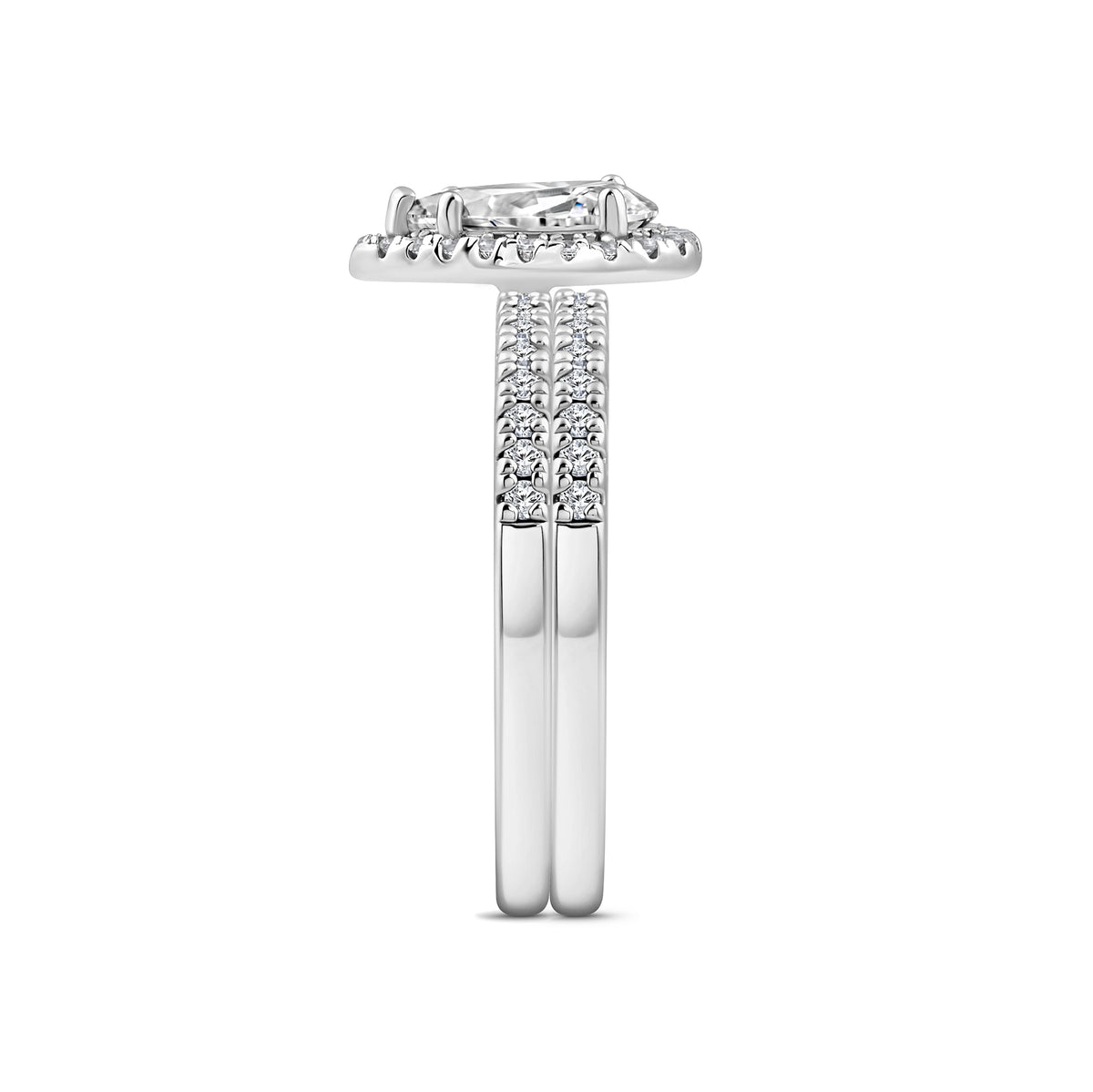 silver 2 carat pear cut halo wedding ring set on white background