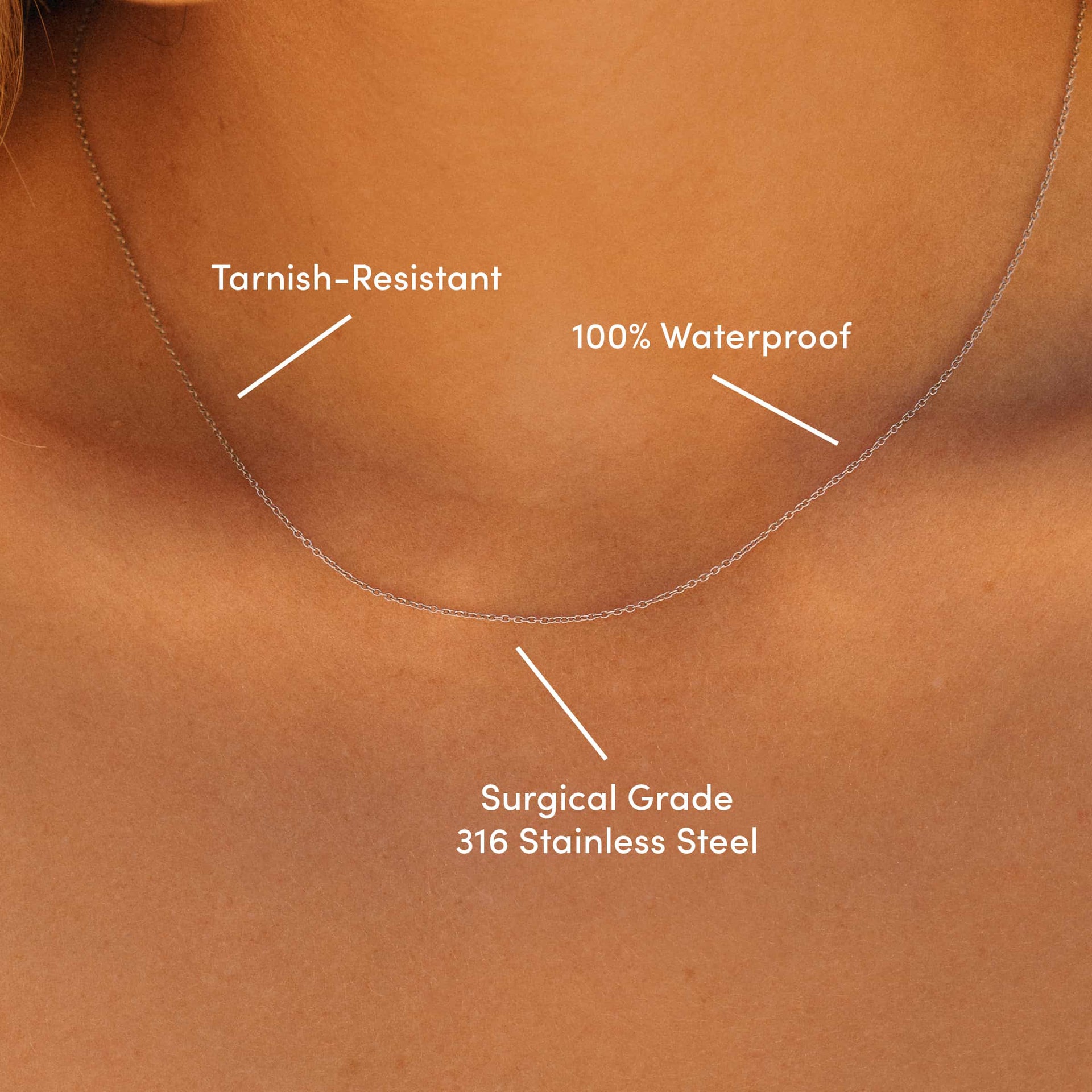 beautiful dainty silver waterproof chain shown on model's neck with "tarnish resistant, 100% waterproof, surgical grade 316 stainless steel" text overlay