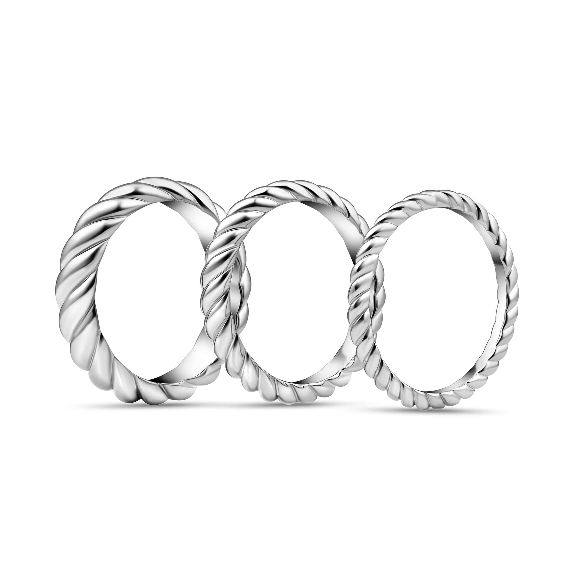 stunning silver rope wedding bands on white background