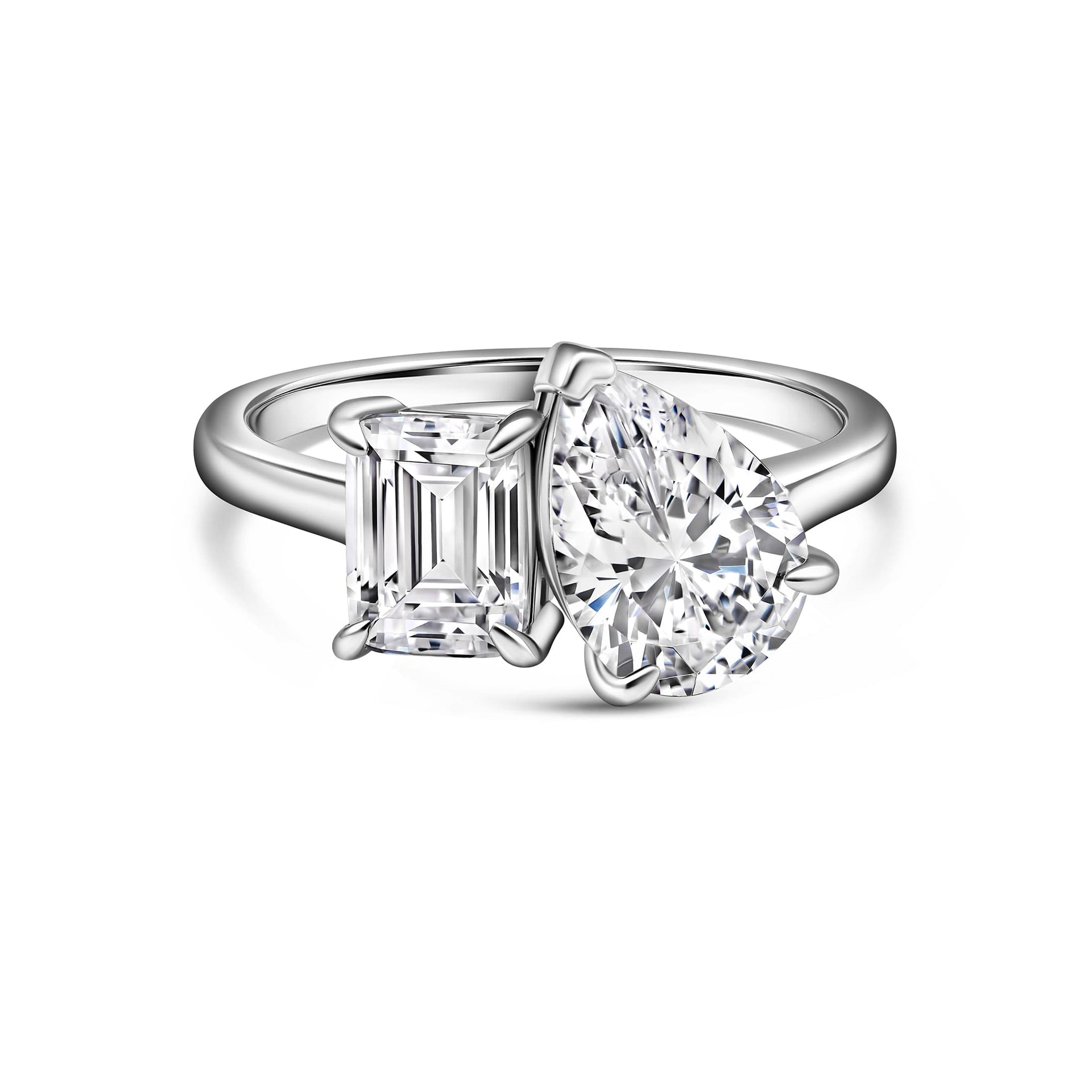 stunning silver toi et moi engagement ring on white background
