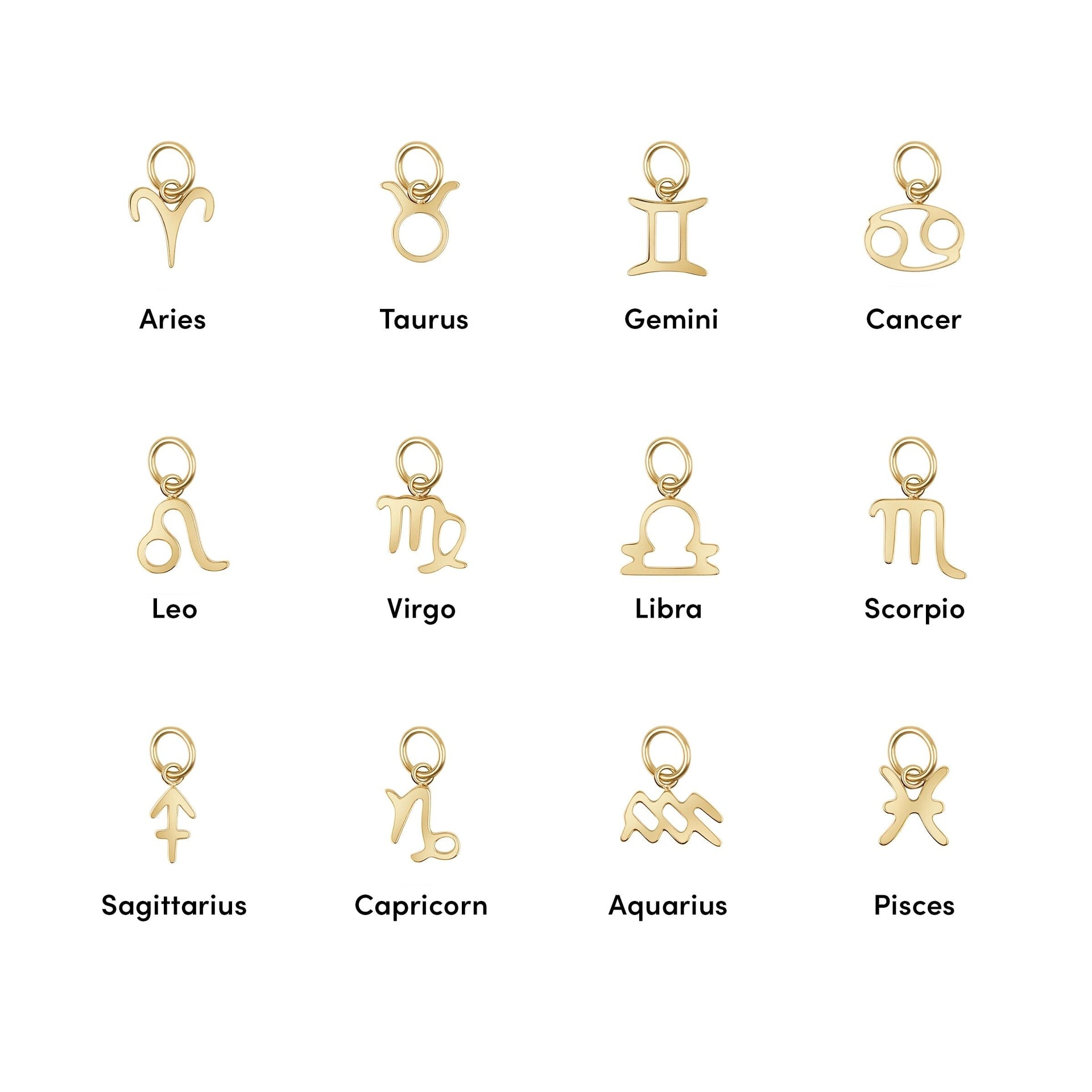 Gold zodiac charm chart featuring all 12 astrological signs: Aries, Taurus, Gemini, Cancer, Leo, Virgo, Libra, Scorpio, Sagittarius, Capricorn, Aquarius, and Pisces.