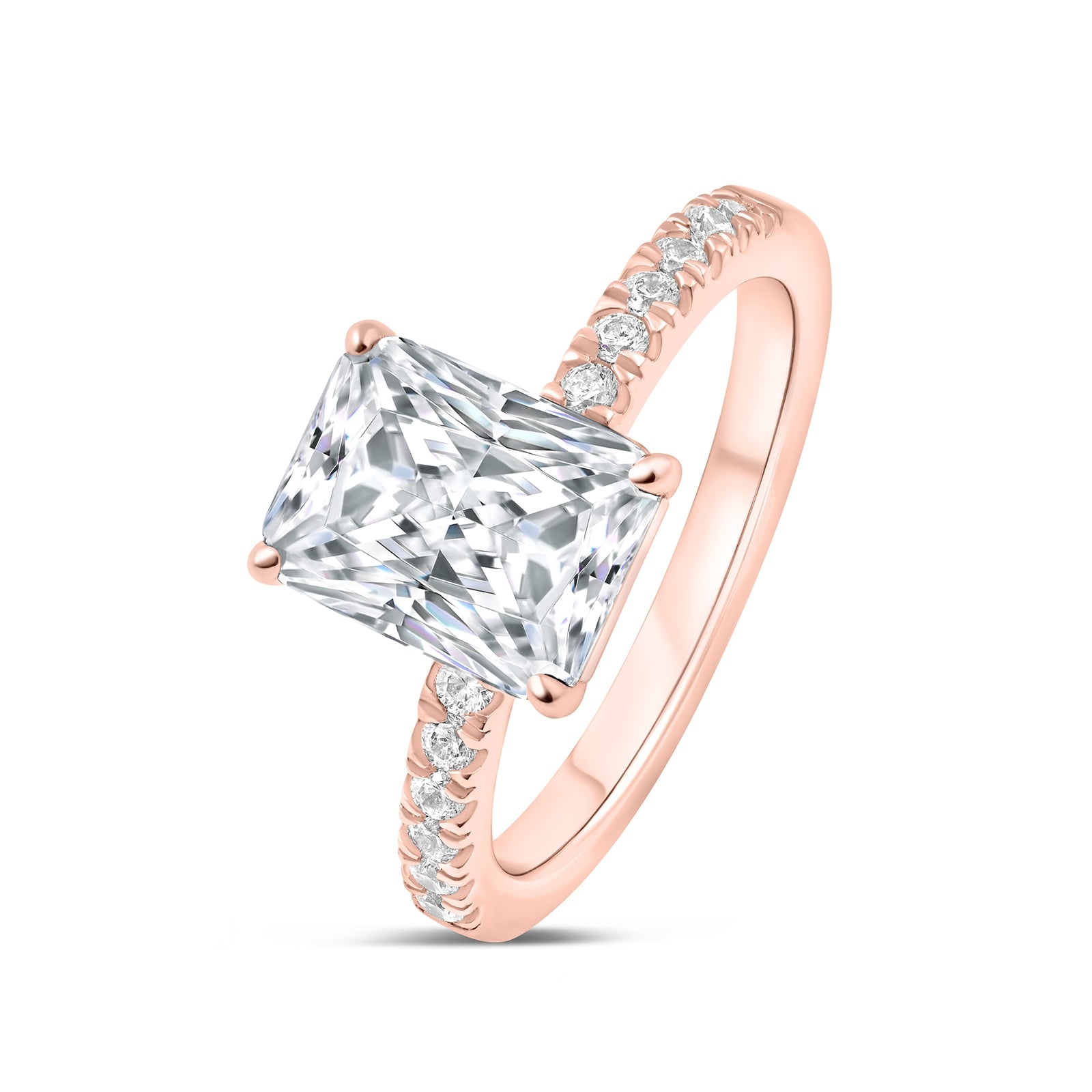 Classic 3 carat radiant cut engagement ring with half eternity band detailing tilted to its side