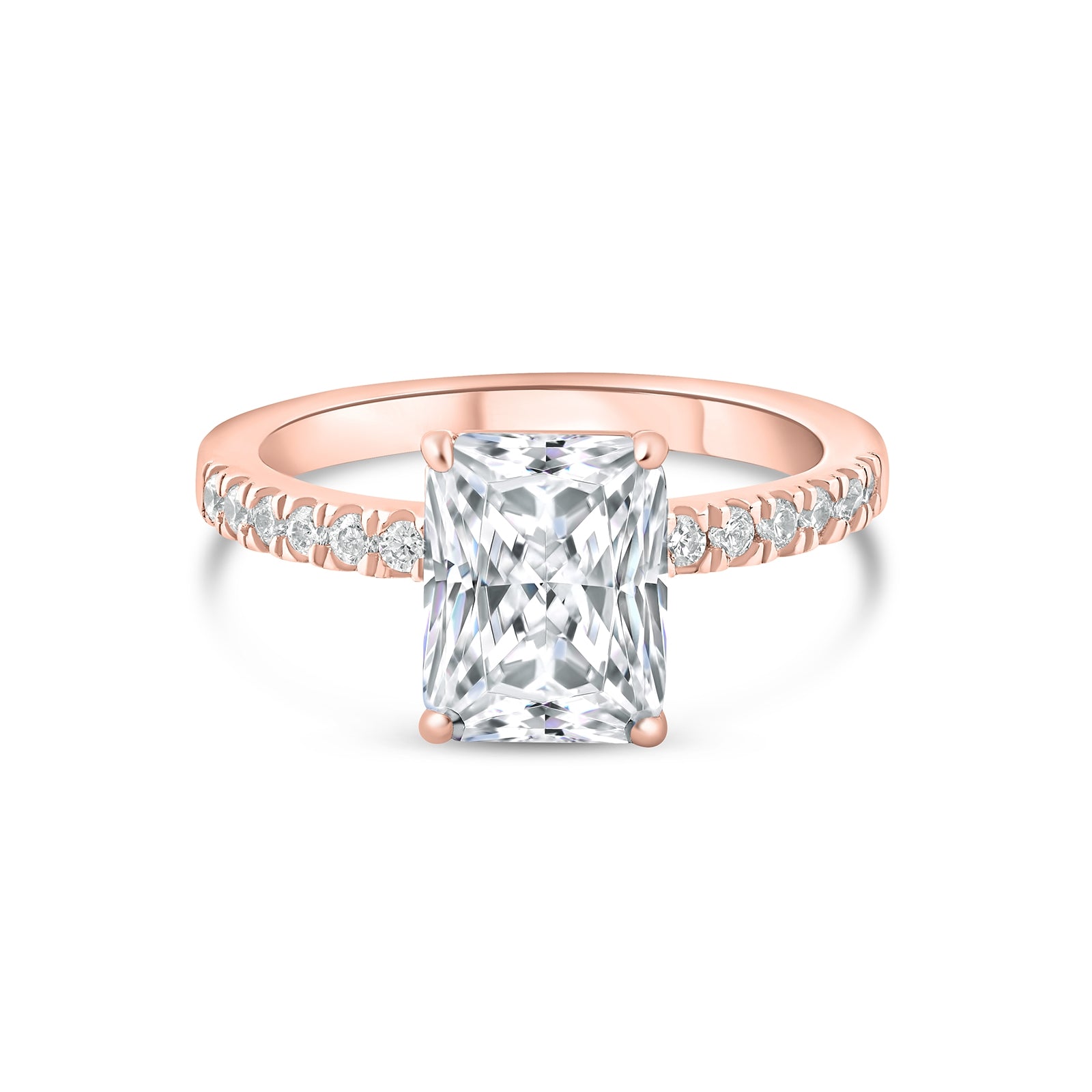 Rose gold 3 carat radiant cut engagement ring with half eternity band detailing