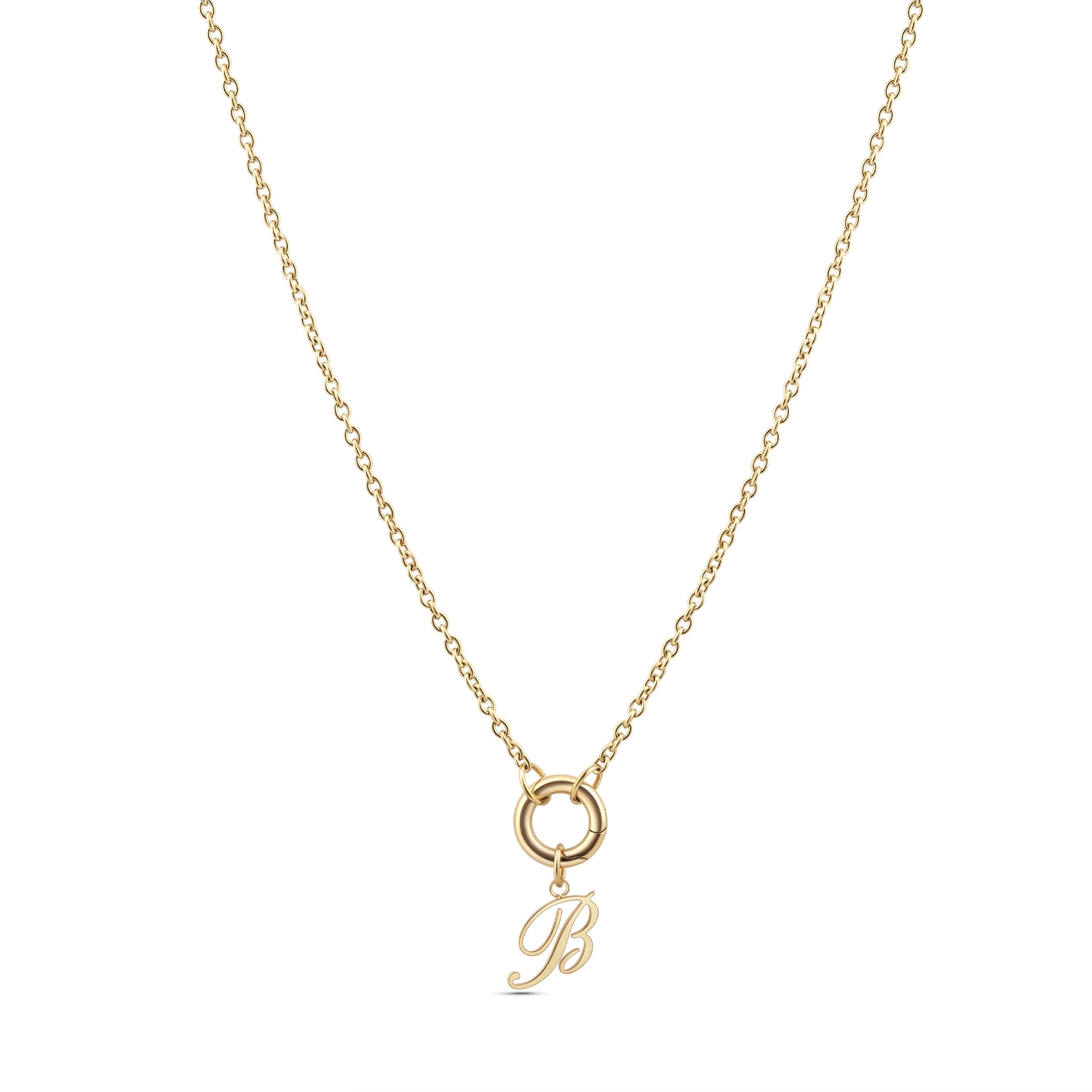 a dainty gold stainless steel cable chain charm necklace with a "B" charm pendant on a white background