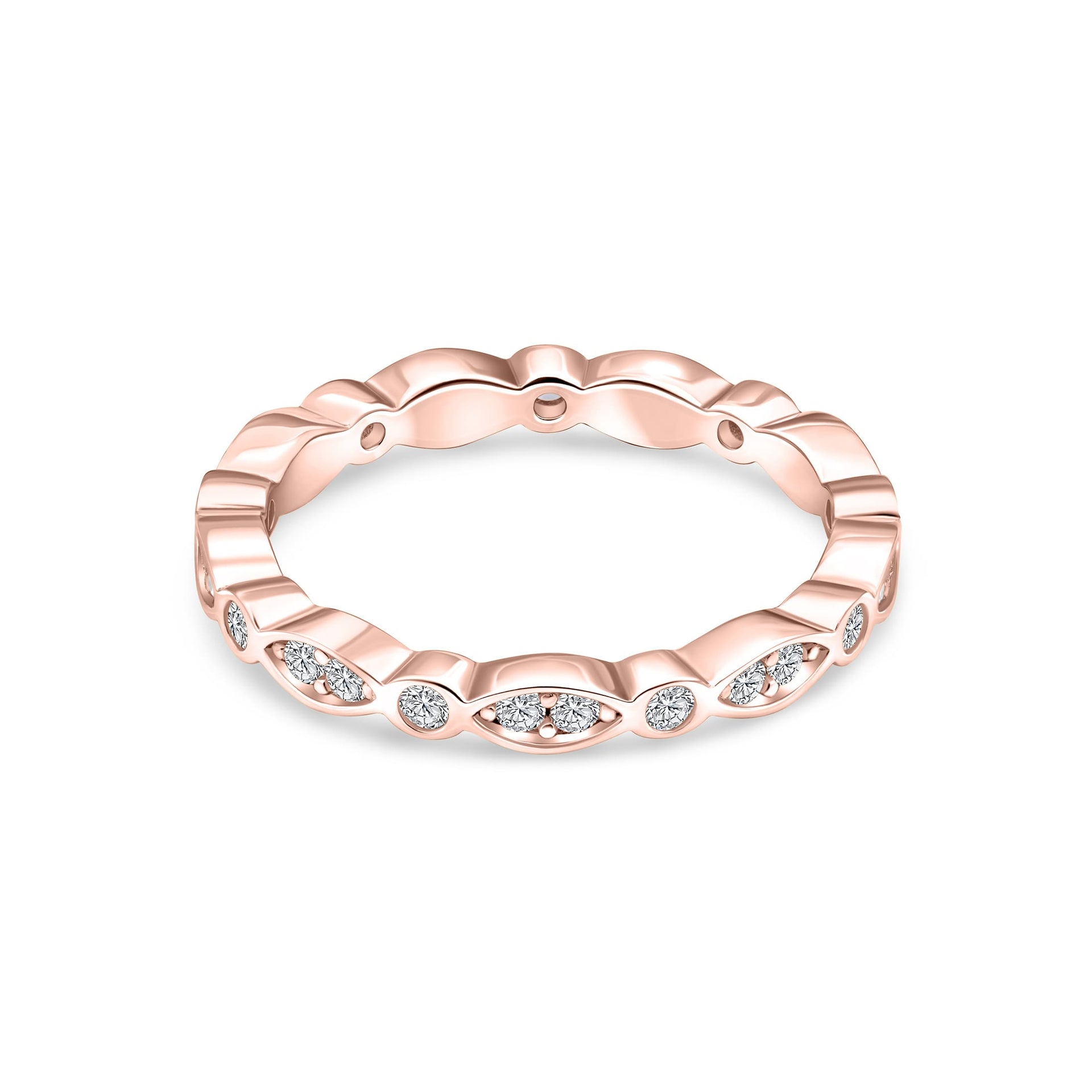 stunning rose gold forever wedding band on white backdrop