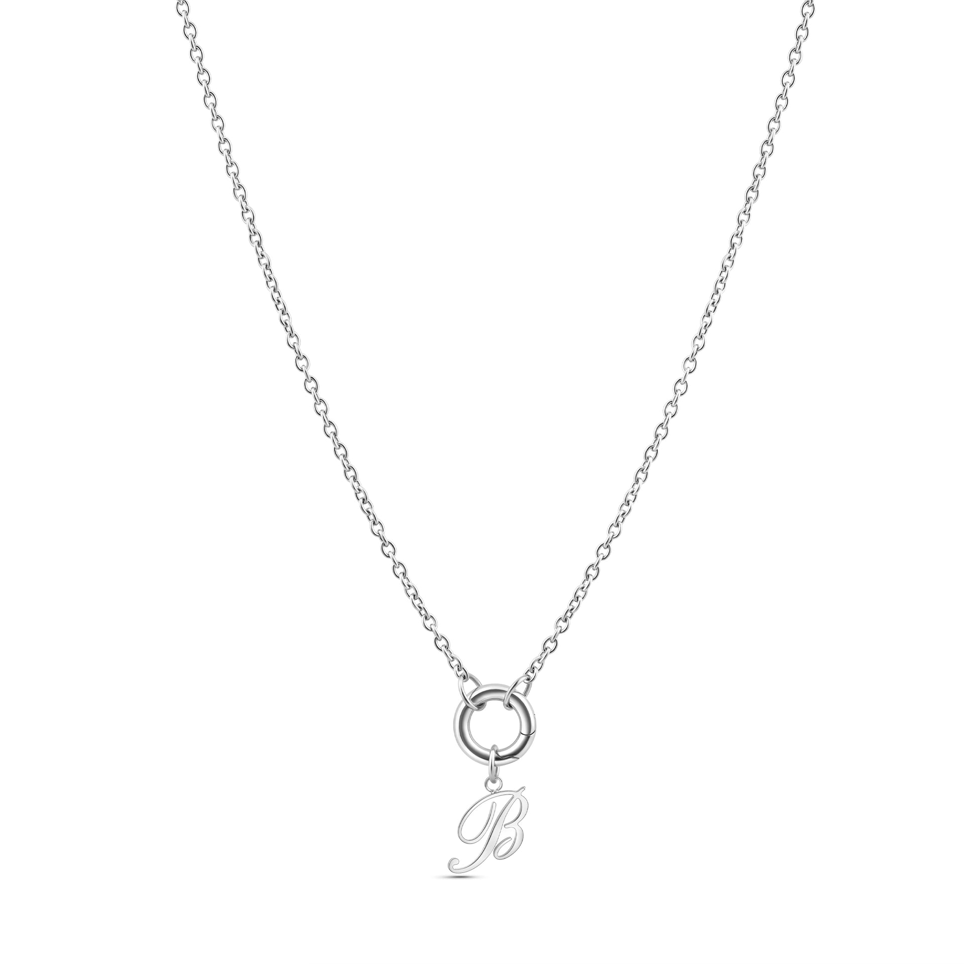 a dainty silver stainless steel cable chain charm necklace with a "B" charm pendant on a white background