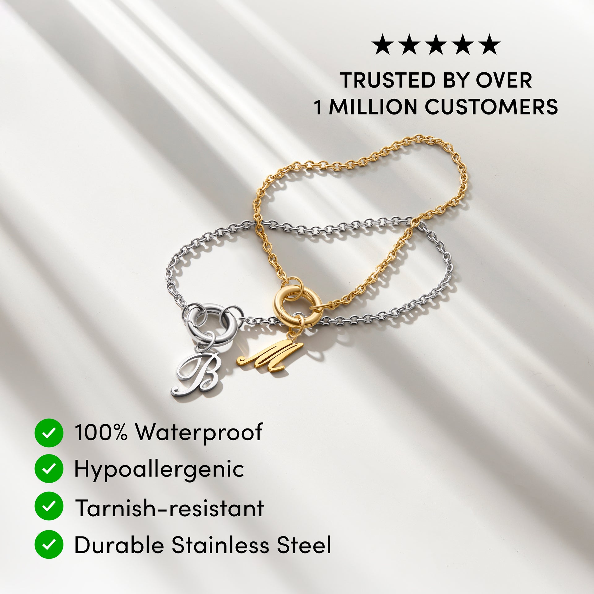 stainless steel cable chain charm bracelets shown in silver with a "B" initial charm & gold with an "M" initial charm posed overlapped on an off white background. In the top right corner, we have 5 black stars in a row with "TRUSTED BY OVER 1 MILLION CUSTOMERS" in black text. In the bottom left corner, are four green circles with white checkmarks inside them aligned vertically. Next to each circle is the following text respectively: 100% Waterproof, Hypoallergenic, Tarnish-Resistant, Durable Stainless Steel