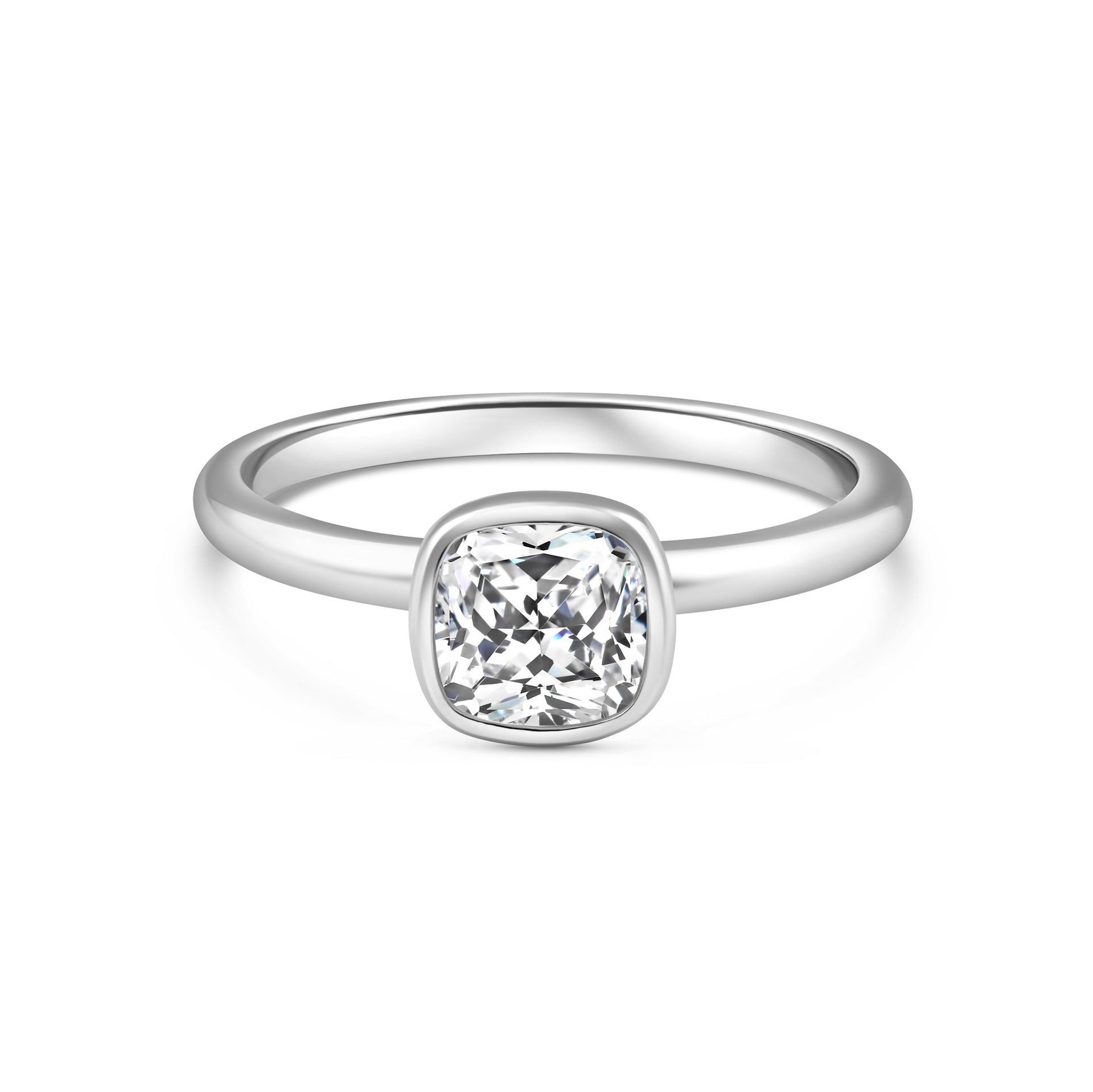 2 carat cushion cut engagement ring with bezel setting on white background 
