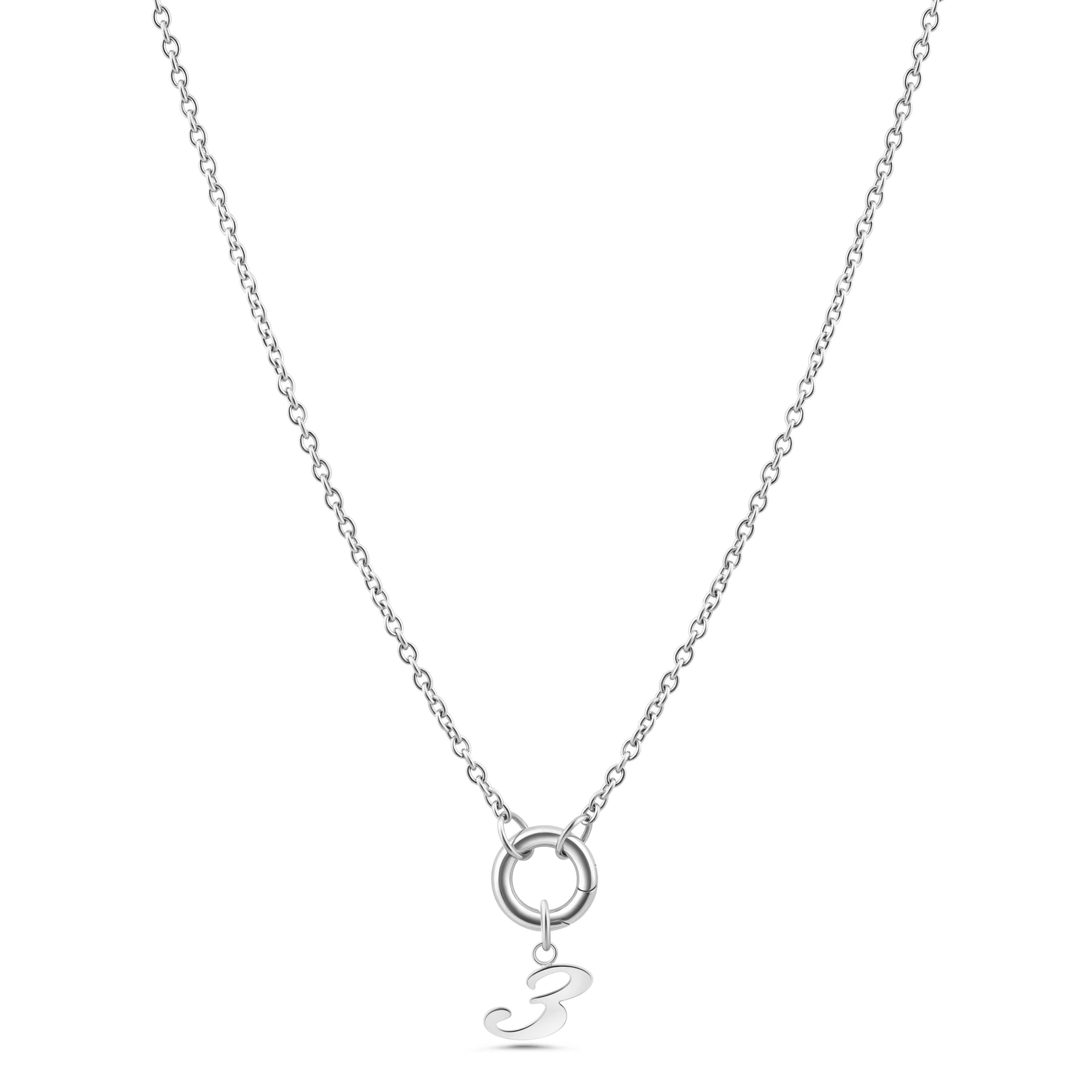 stunning silver charm necklace with a number "3" charm attached on a white background