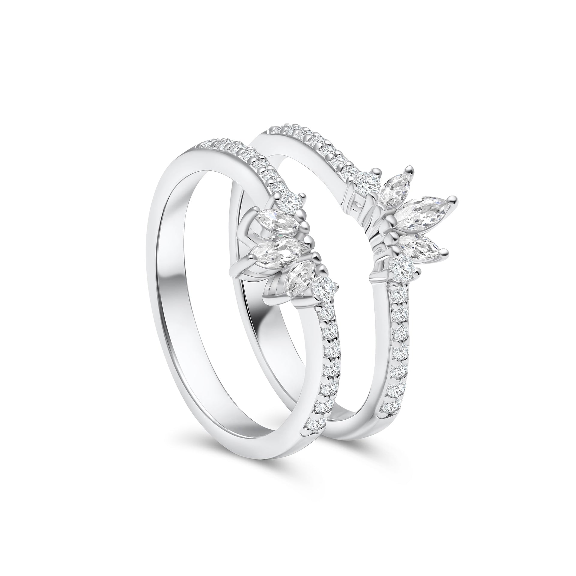 The exquisite duo v-shaped bands features 3 center marquise stones with round stones glistening down the sides.