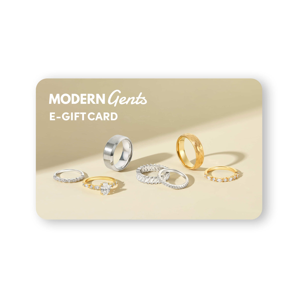 image of wedding bands and engagement rings in gold and silver on gift card with text that reads: "modern gents e-gift card"
