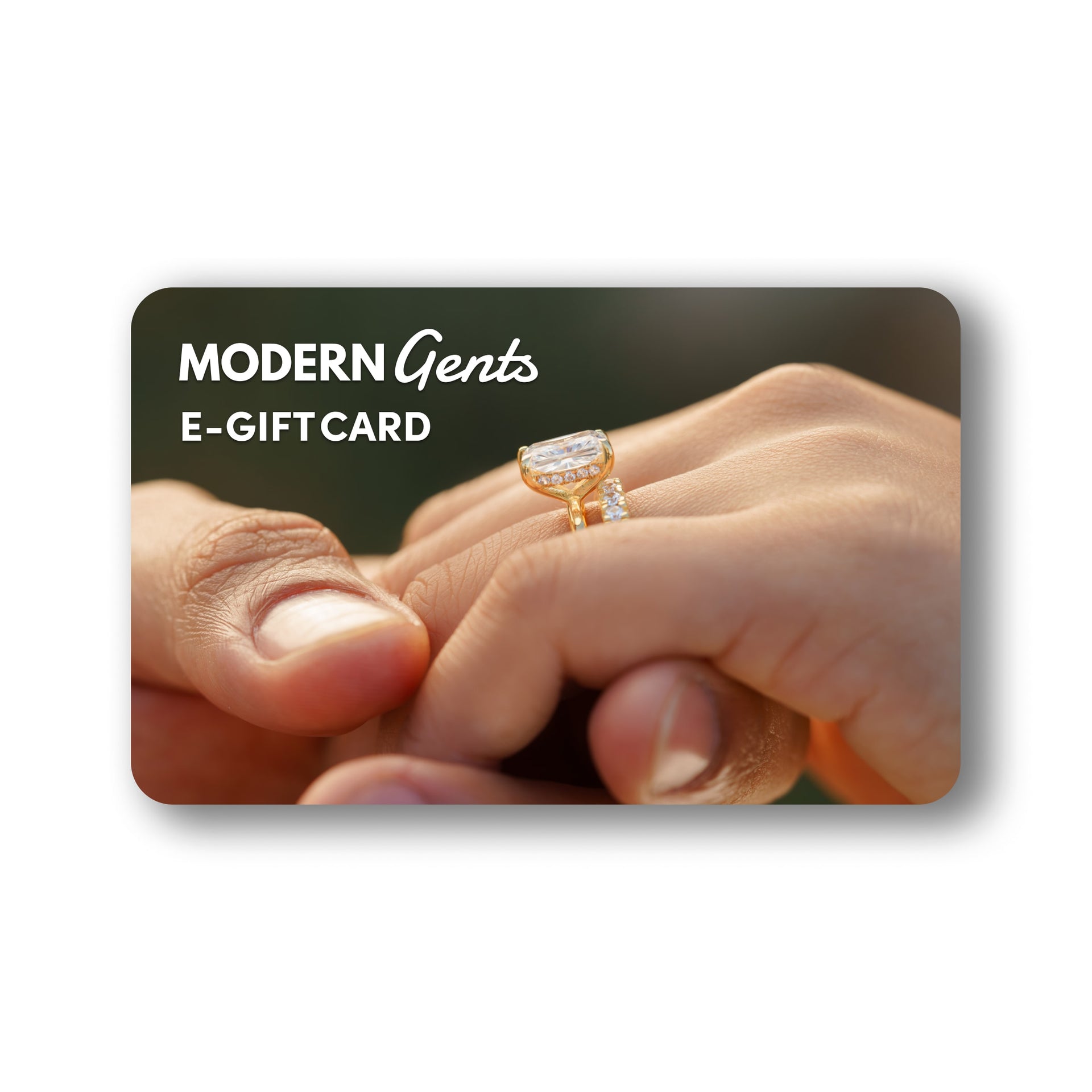 gift card showcasing woman's hand with stunning gold ring with hidden halo and gold wedding band 