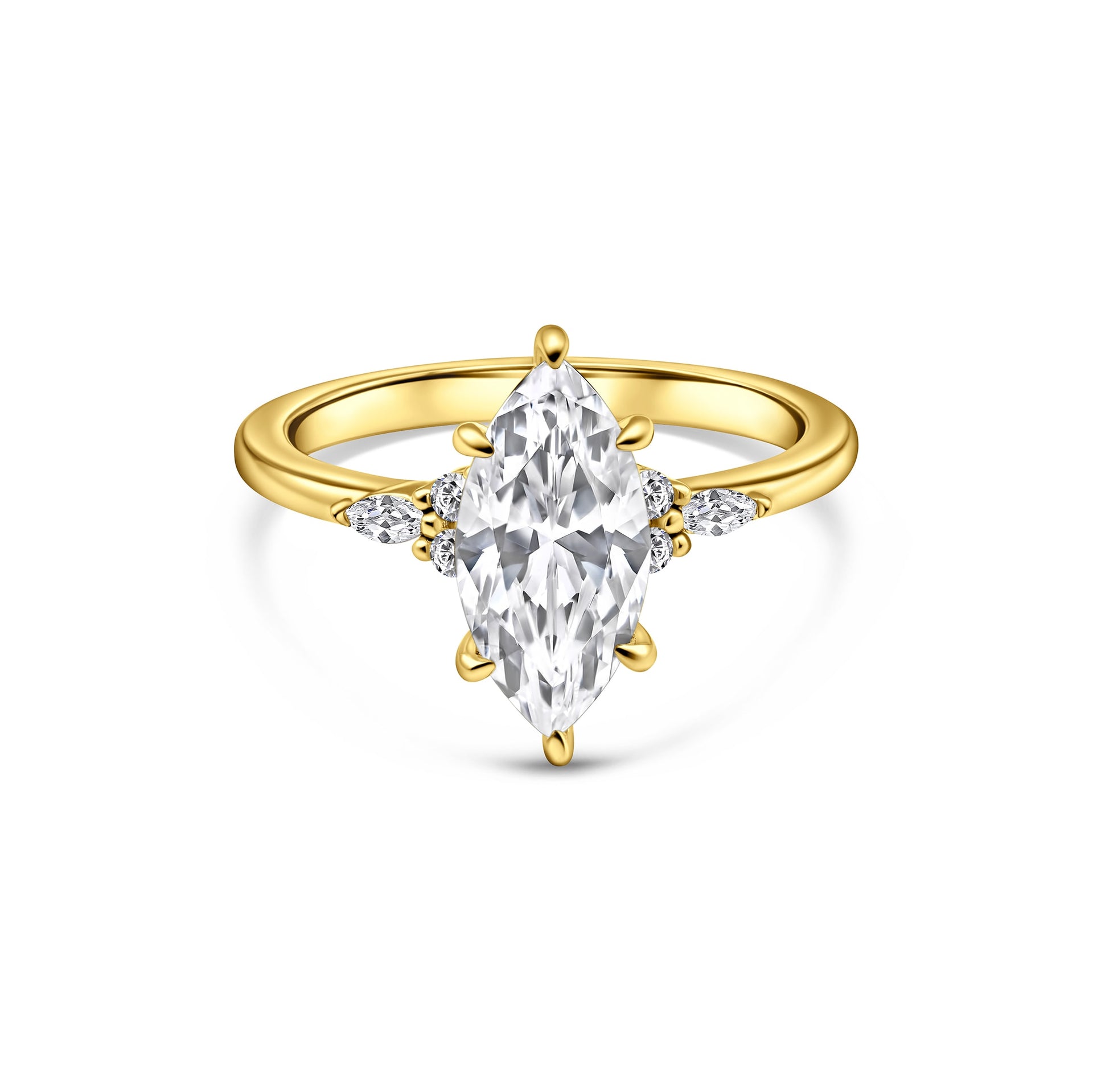 gorgeous 2.5 ct marquise engagement ring with 3 intricate side stones shown in gold