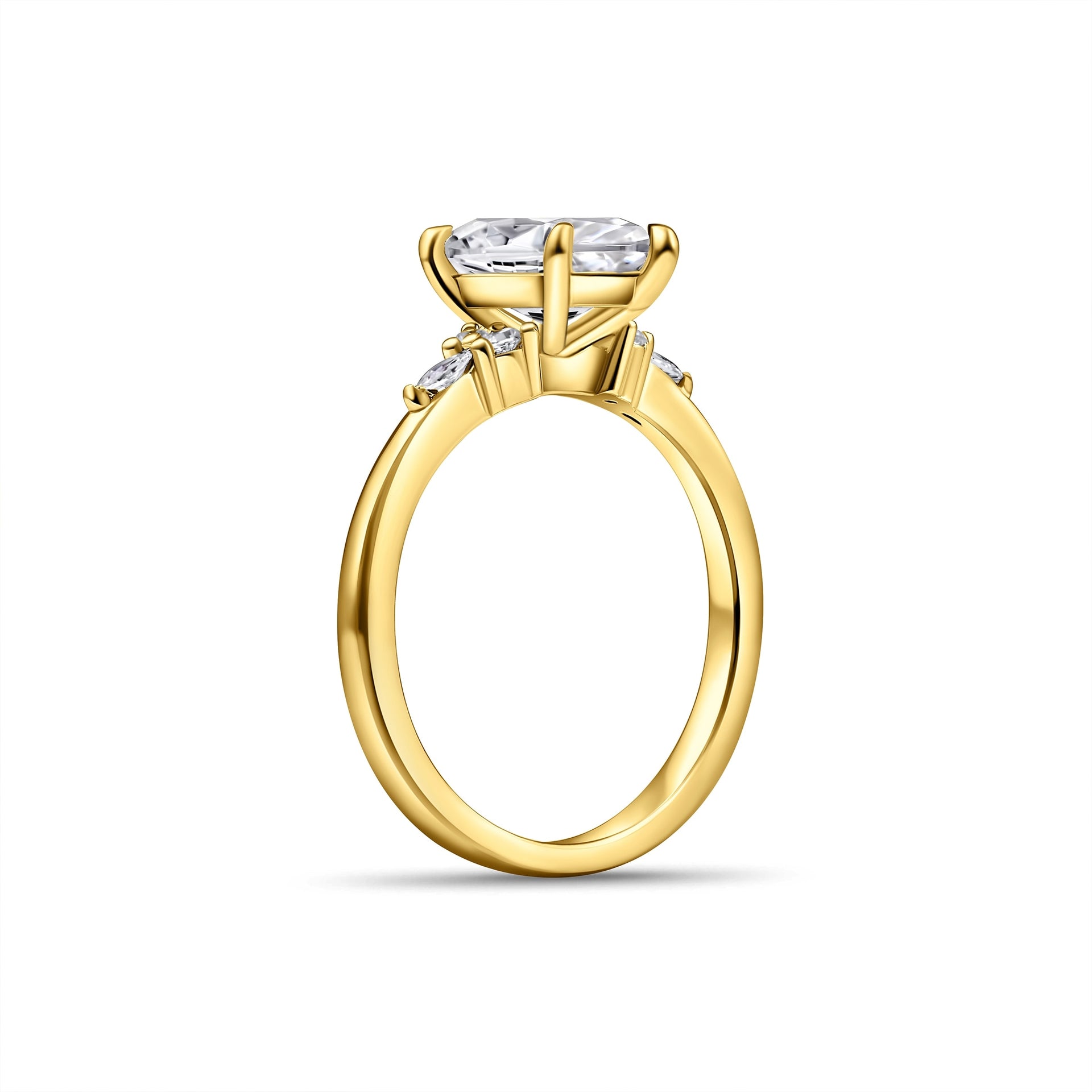 stunning side setting of marquise engagement ring with sleek band shown in gold