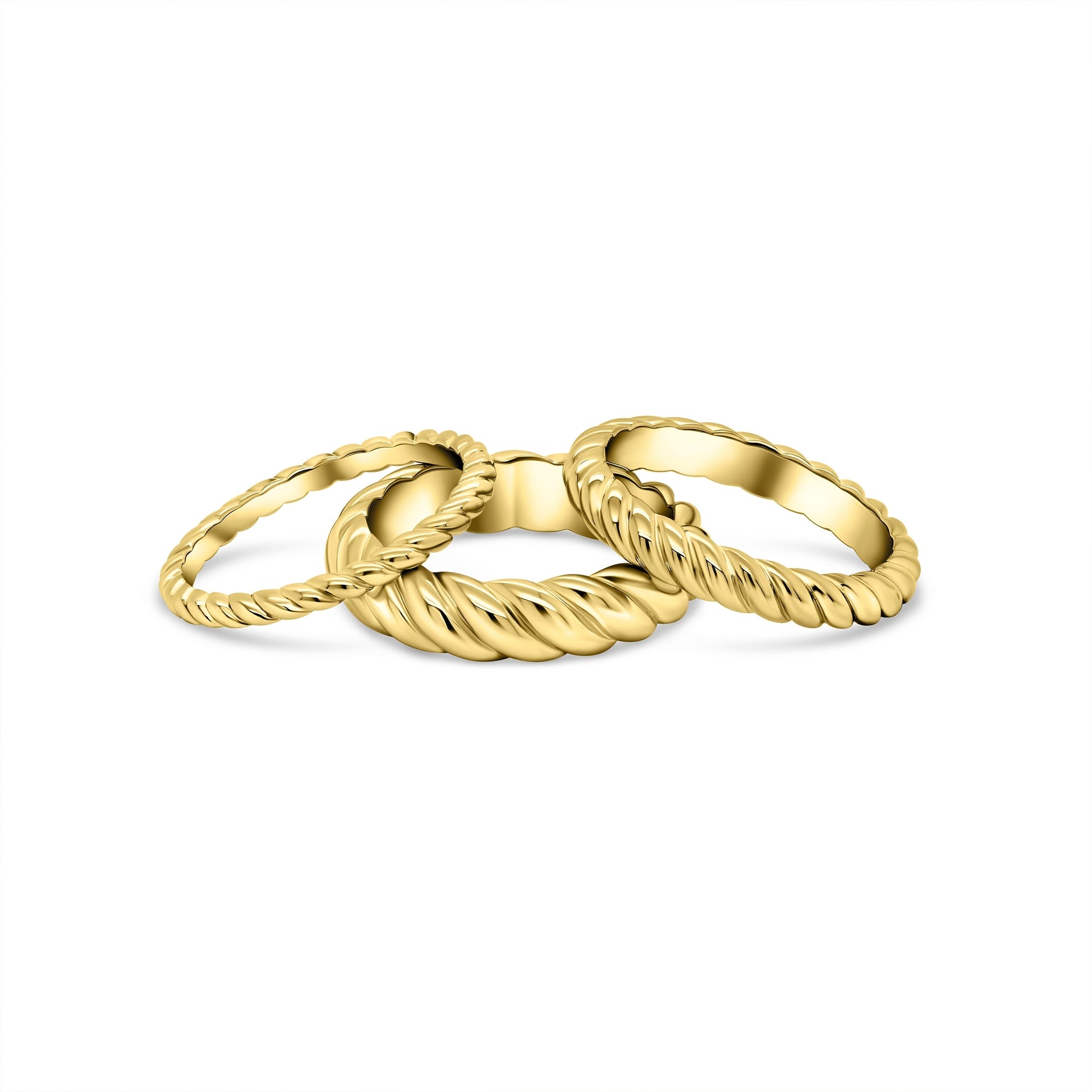 unique and minimalist gold 3 piece ring set with twisting detail and varying sizes