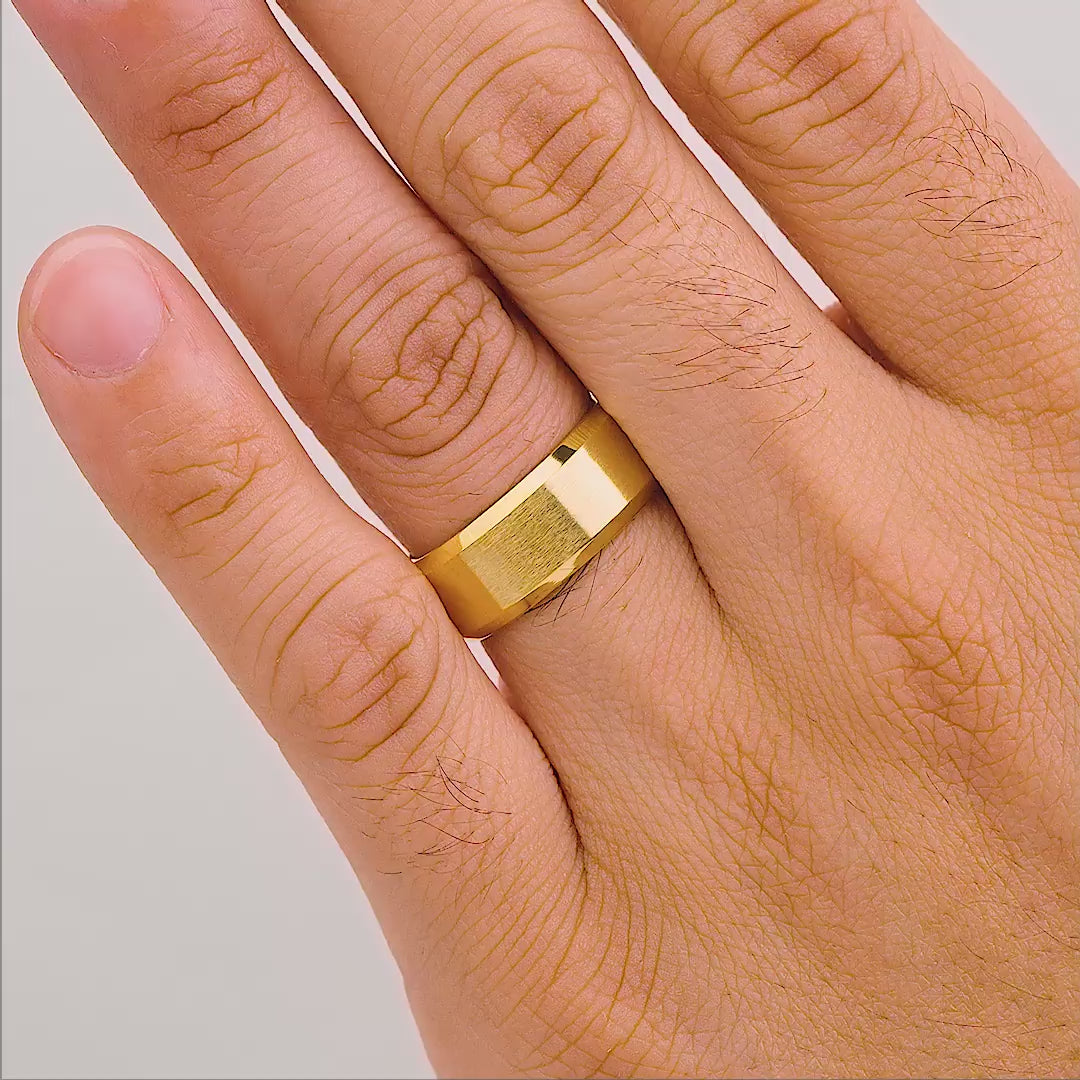 men's gold titanium wedding band shown in wiggle