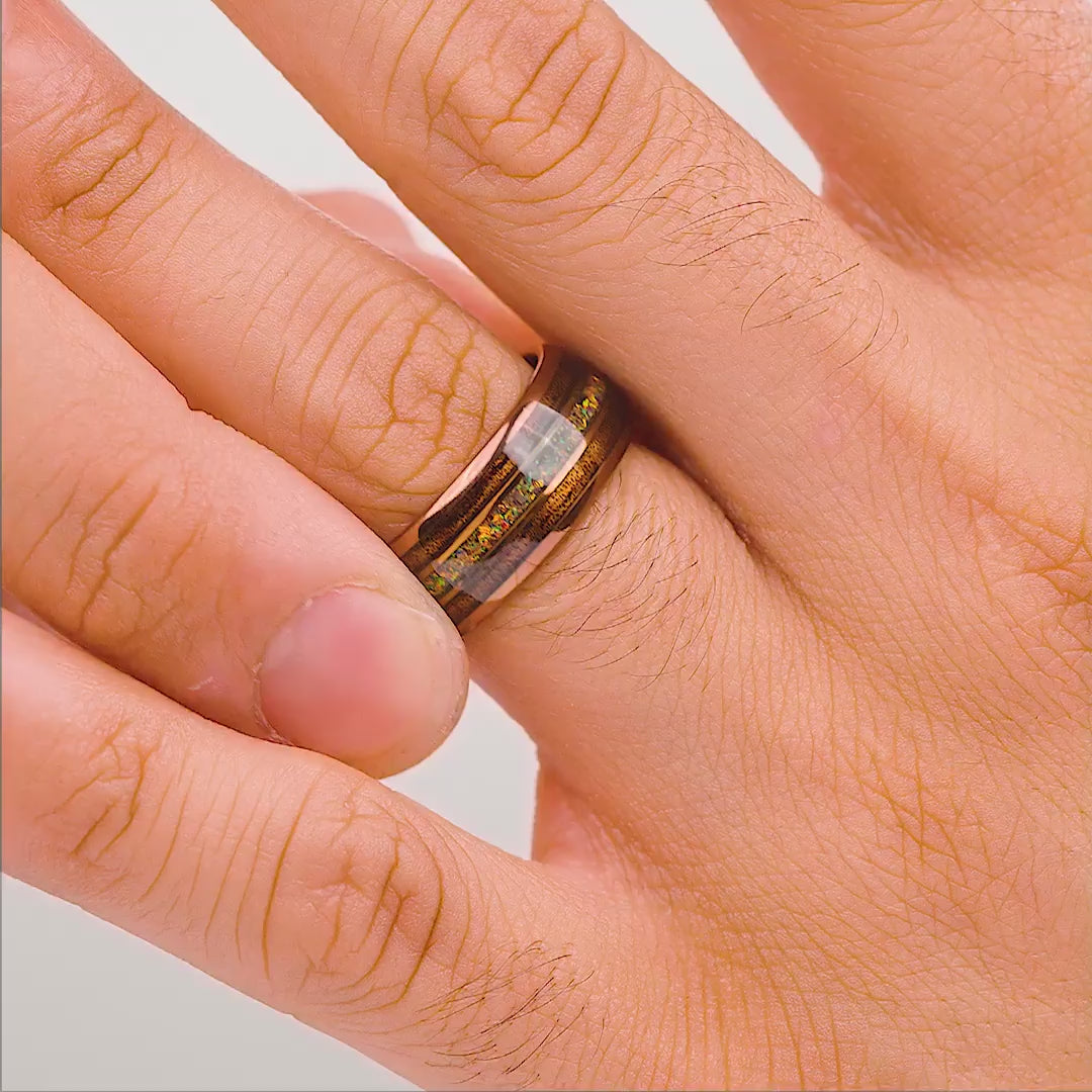 bronzed tungsten mens wedding band shown in wiggle