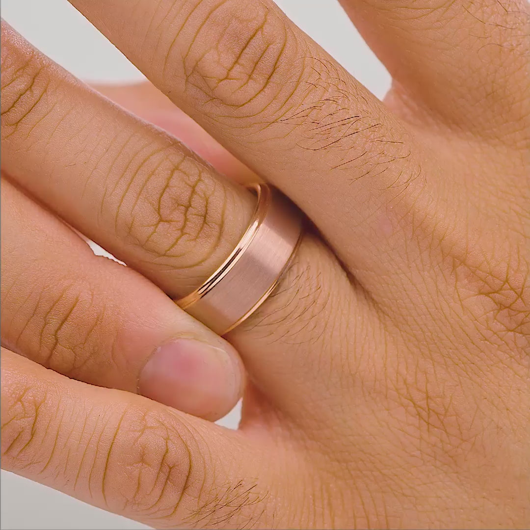 men's rose gold tungsten wedding band shown in wiggle