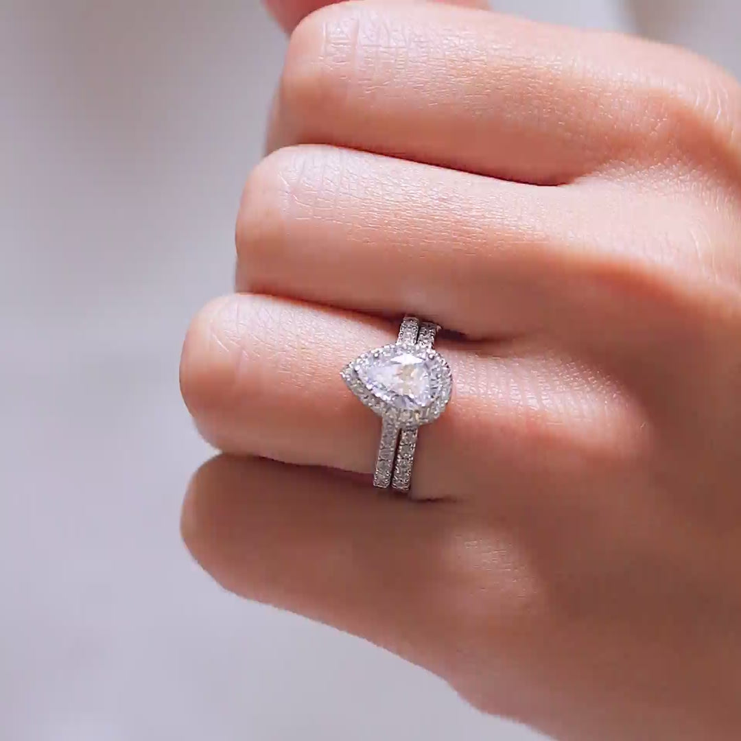 stunning 925 sterling silver halo pear cut wedding ring set on a model