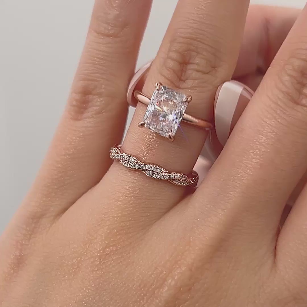 video of stunning unique rose gold 3 carat radiant cut wedding ring set shown on model