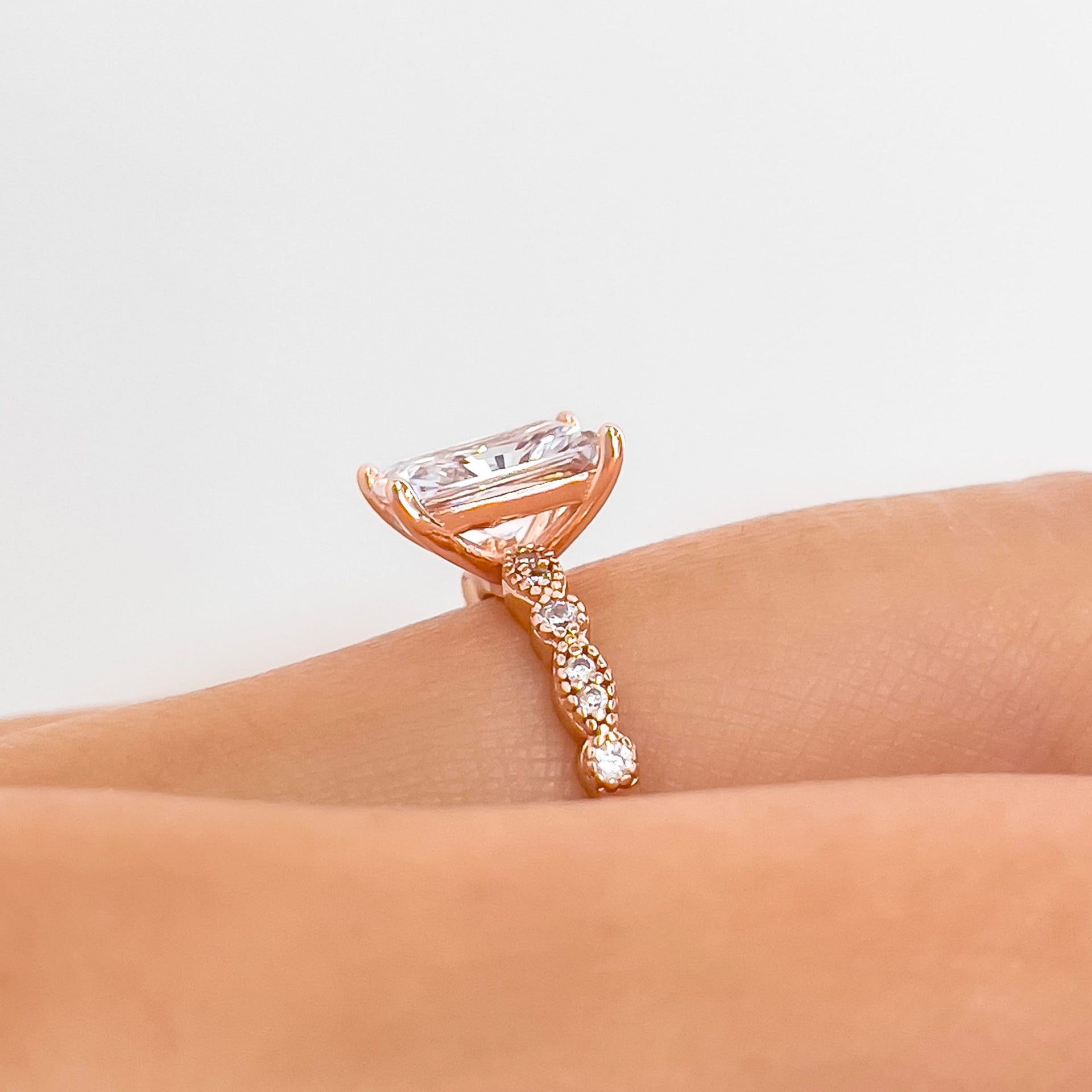 side view of vintage detail rose gold engagement ring