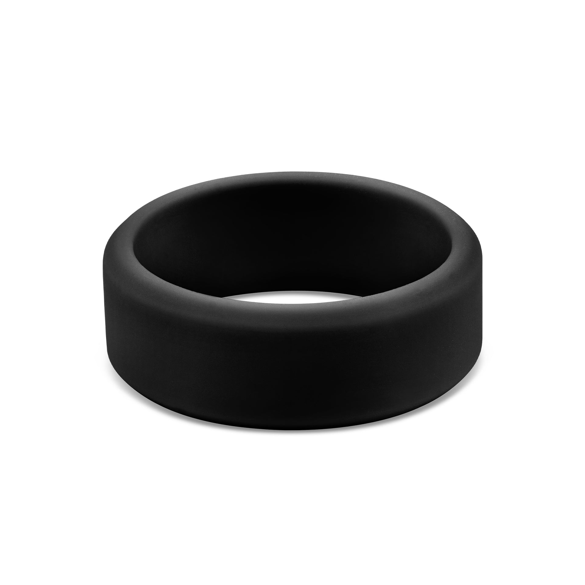 simple black silicone mens wedding band shown on white background