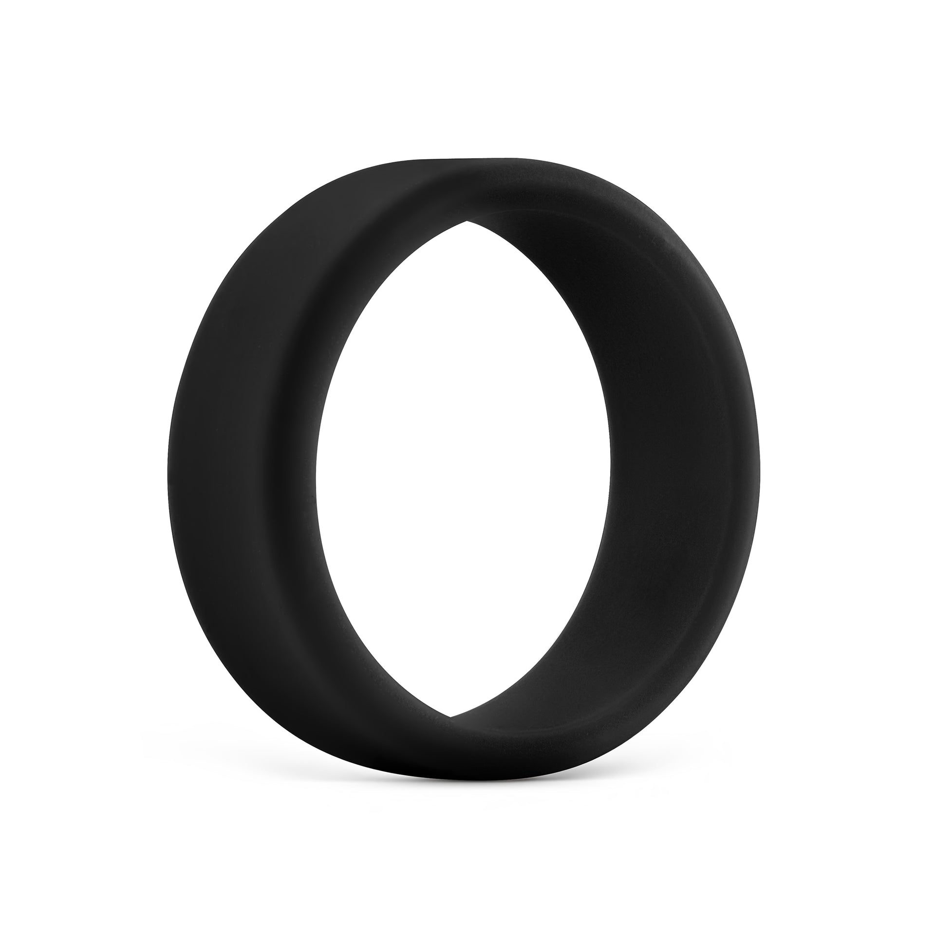 minimalist black silicone mens wedding band shown on white background