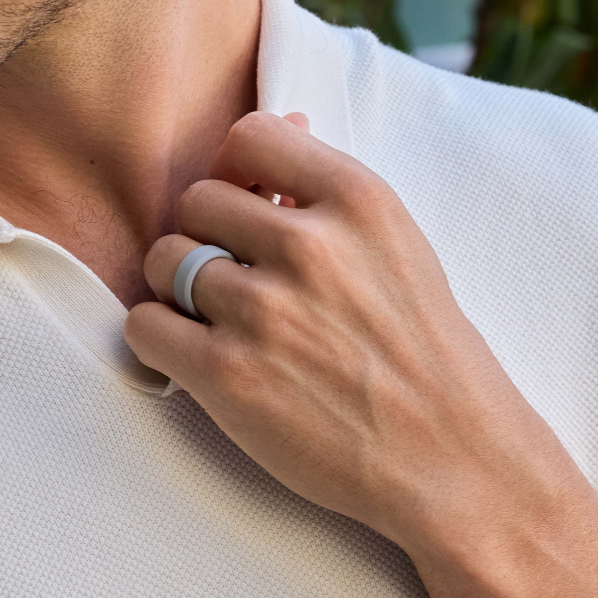 silver 8mm silicone band on model