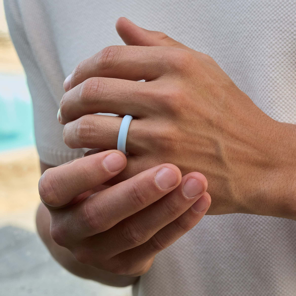 light blue 5mm silicone band on model