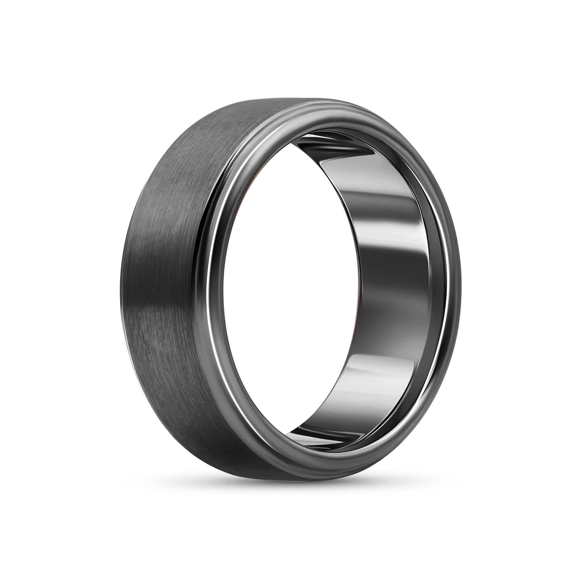 stunning black tungsten mens wedding ring on white background