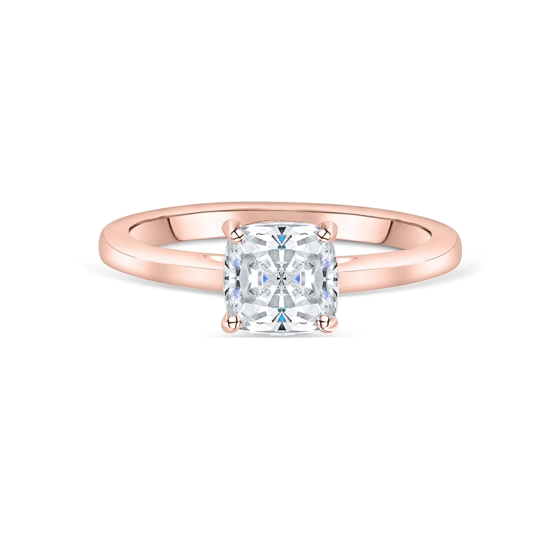 stunning cushion cut rose gold engagement ring on white background