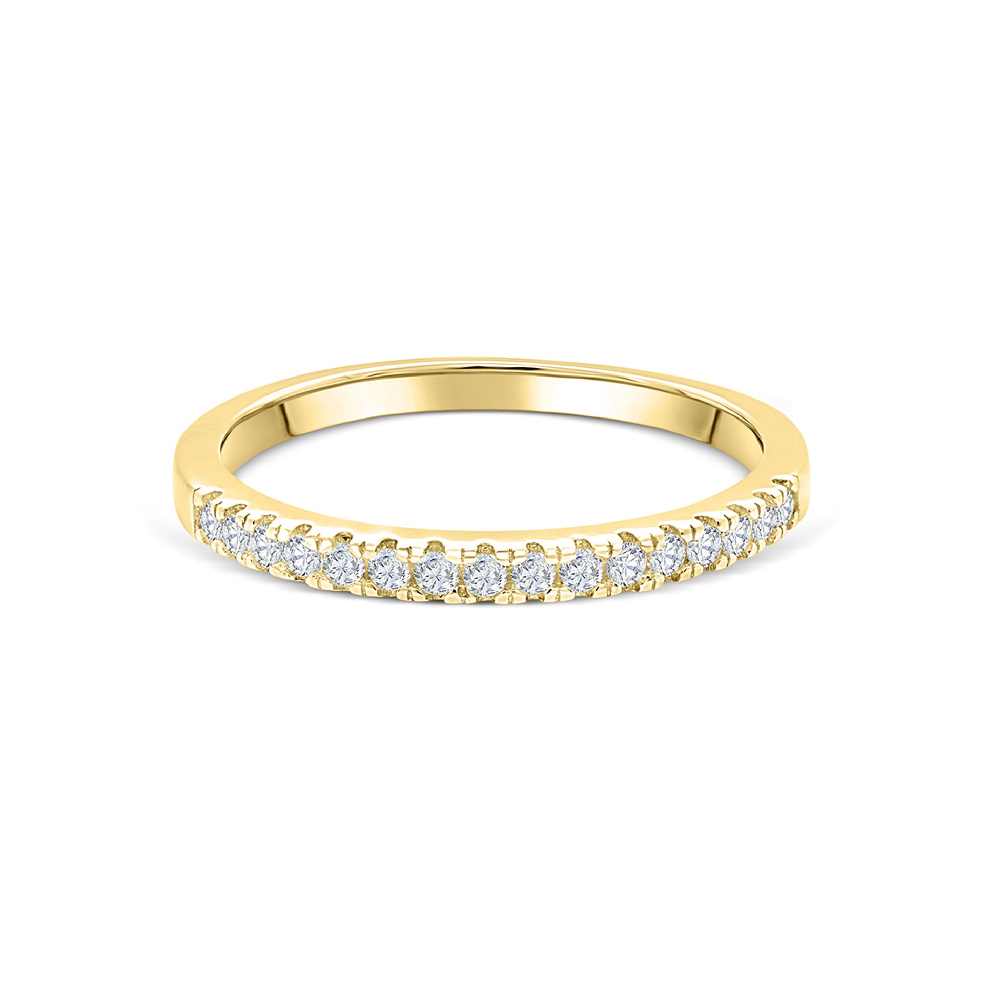 stunning half eternity gold wedding band on white backdrop