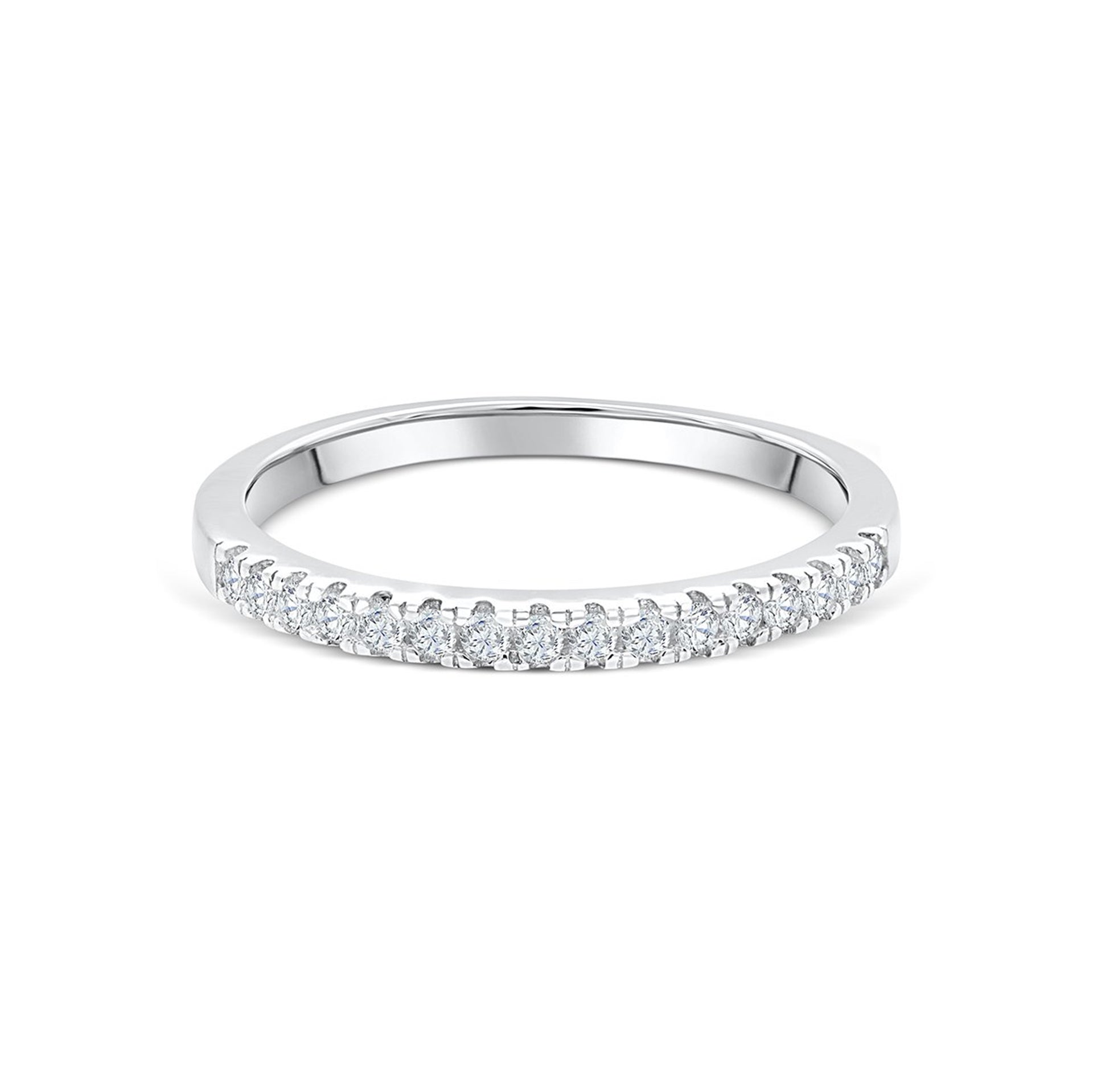 stunning half eternity silver wedding band on white backdrop