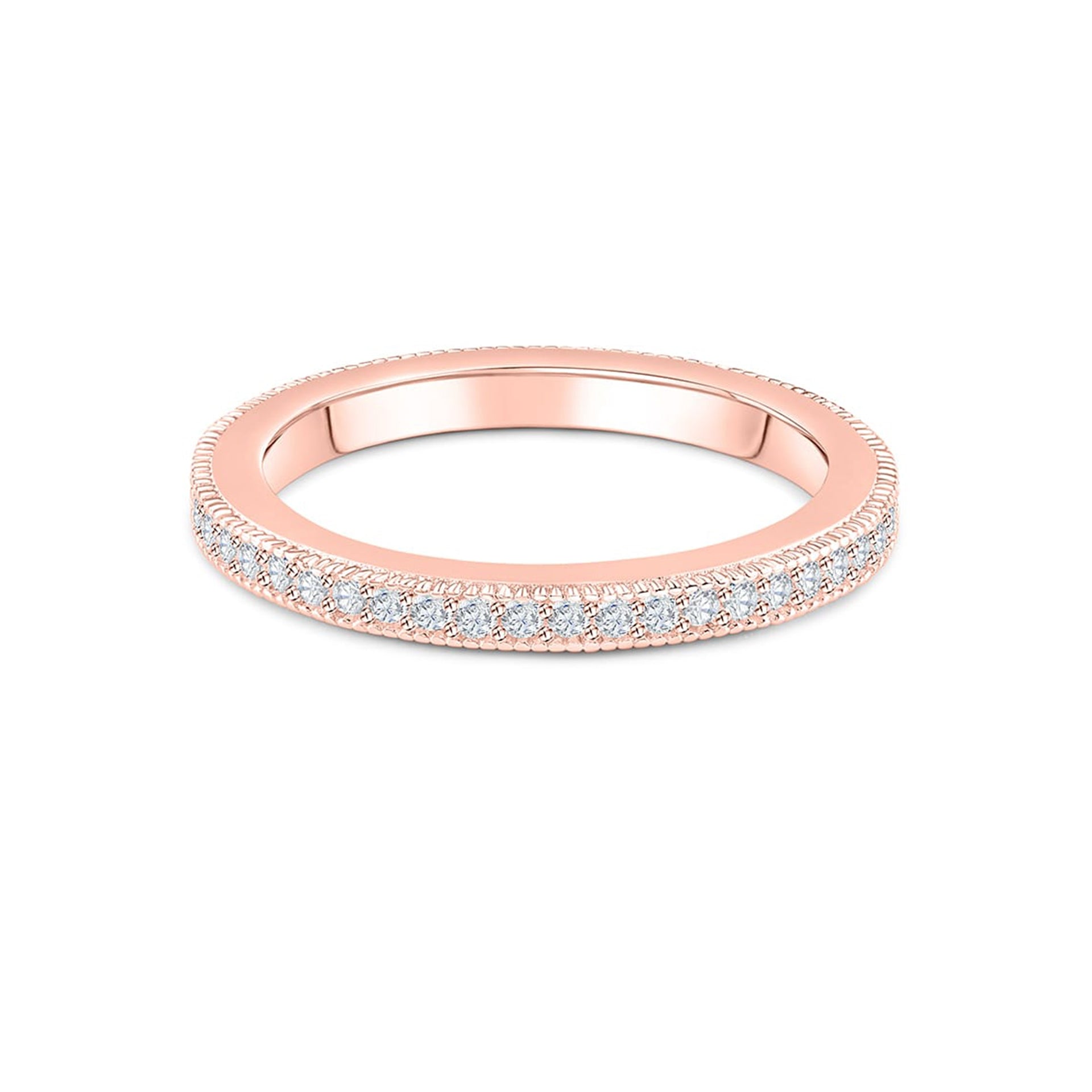 beautiful rose gold eternity wedding band on white background