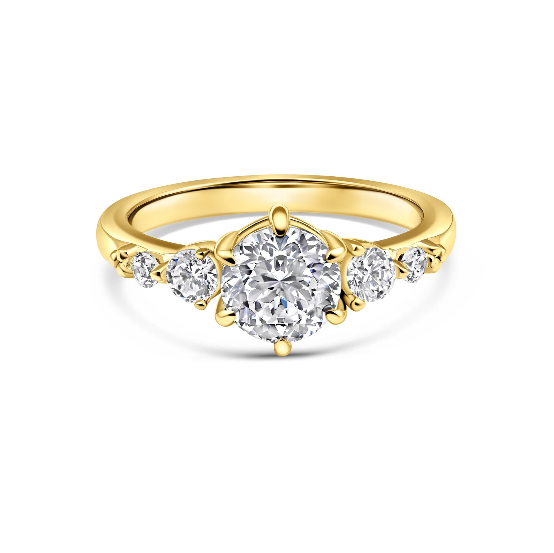 stunning gold round cut engagement ring on white background