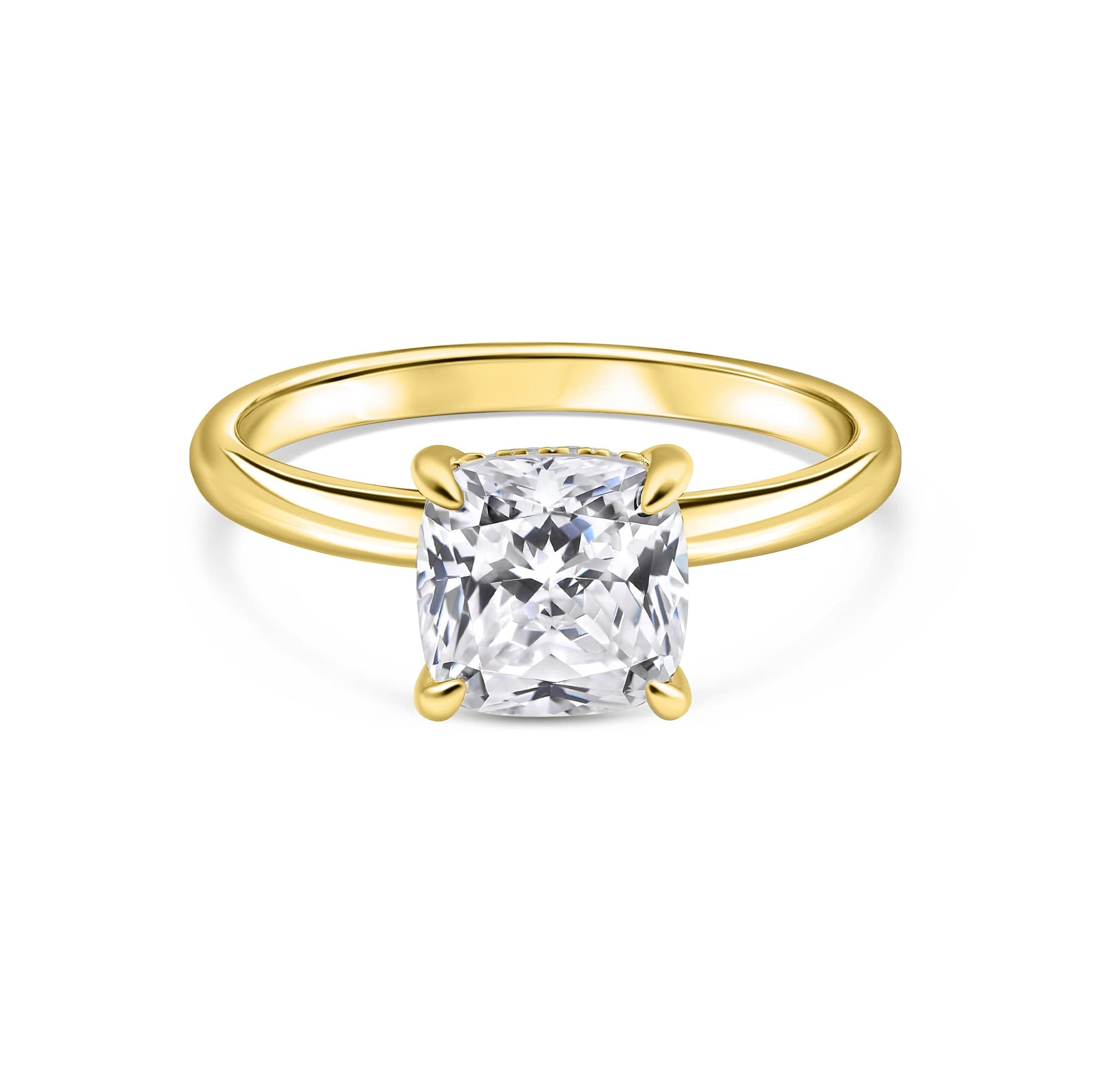 stunning gold cushion cut engagement ring on white background