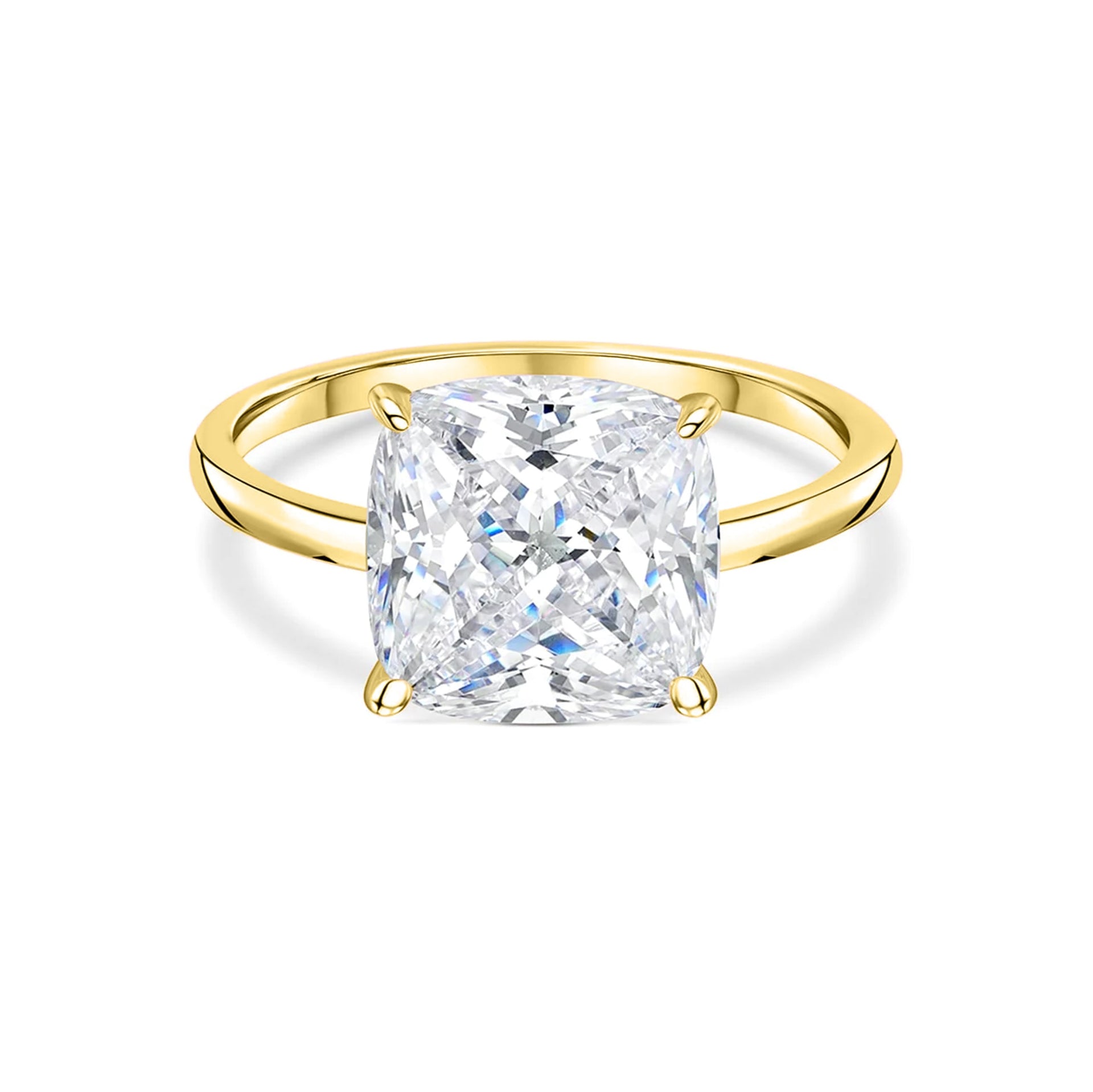 stunning gold cushion cut engagement ring on white background