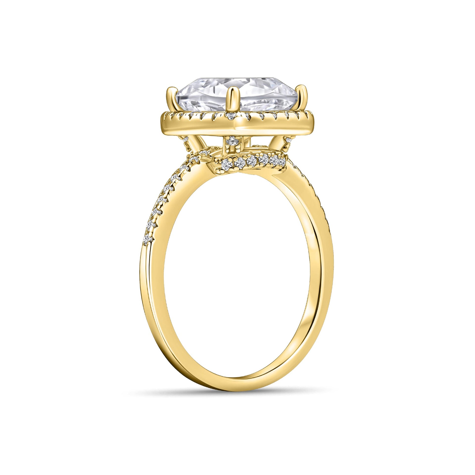 gold 3 carat cushion cut halo half eternity engagement ring on white background