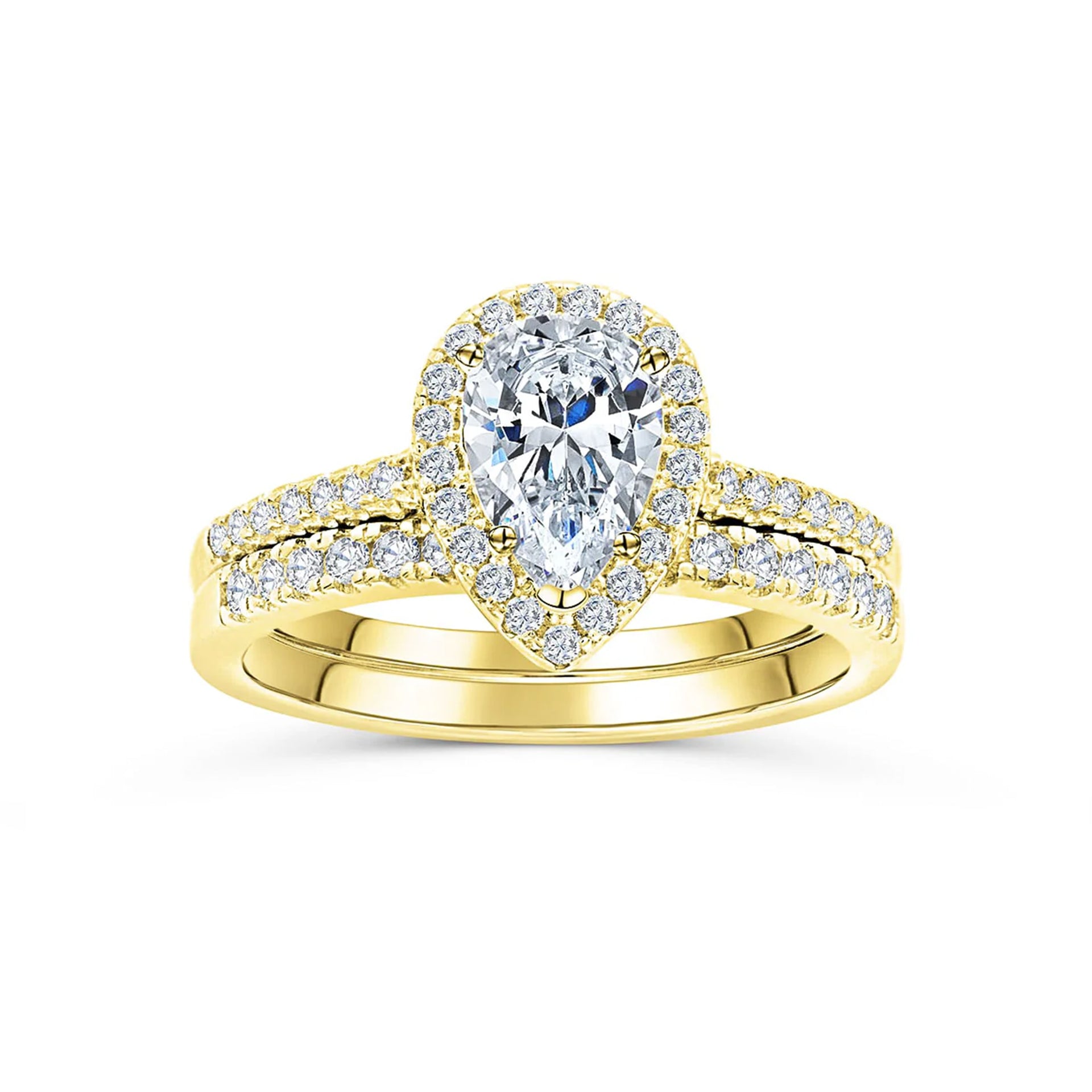 stunning gold pear shaped wedding ring set on white background