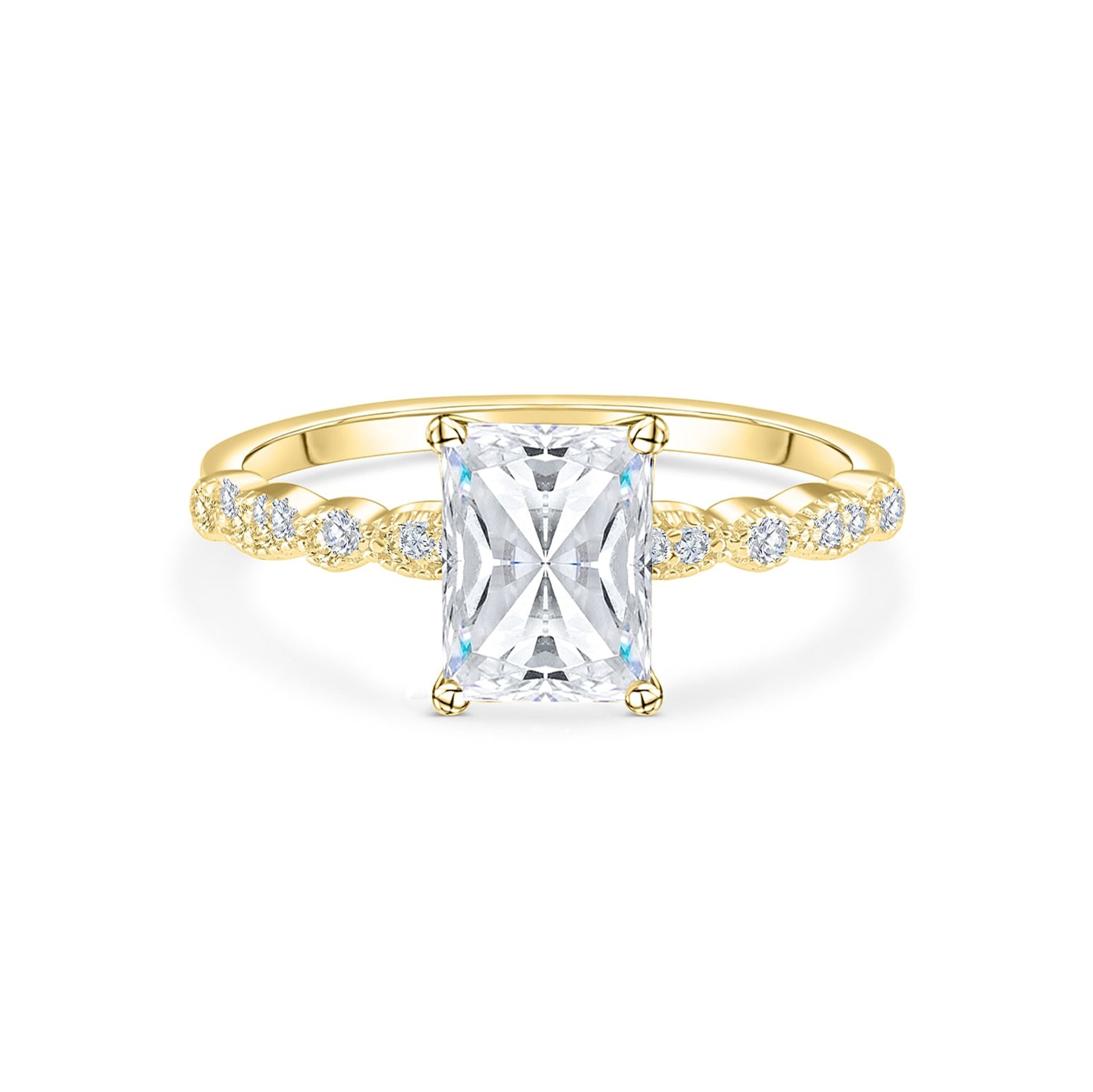 stunning gold radiant cut engagement ring with pave band on white background