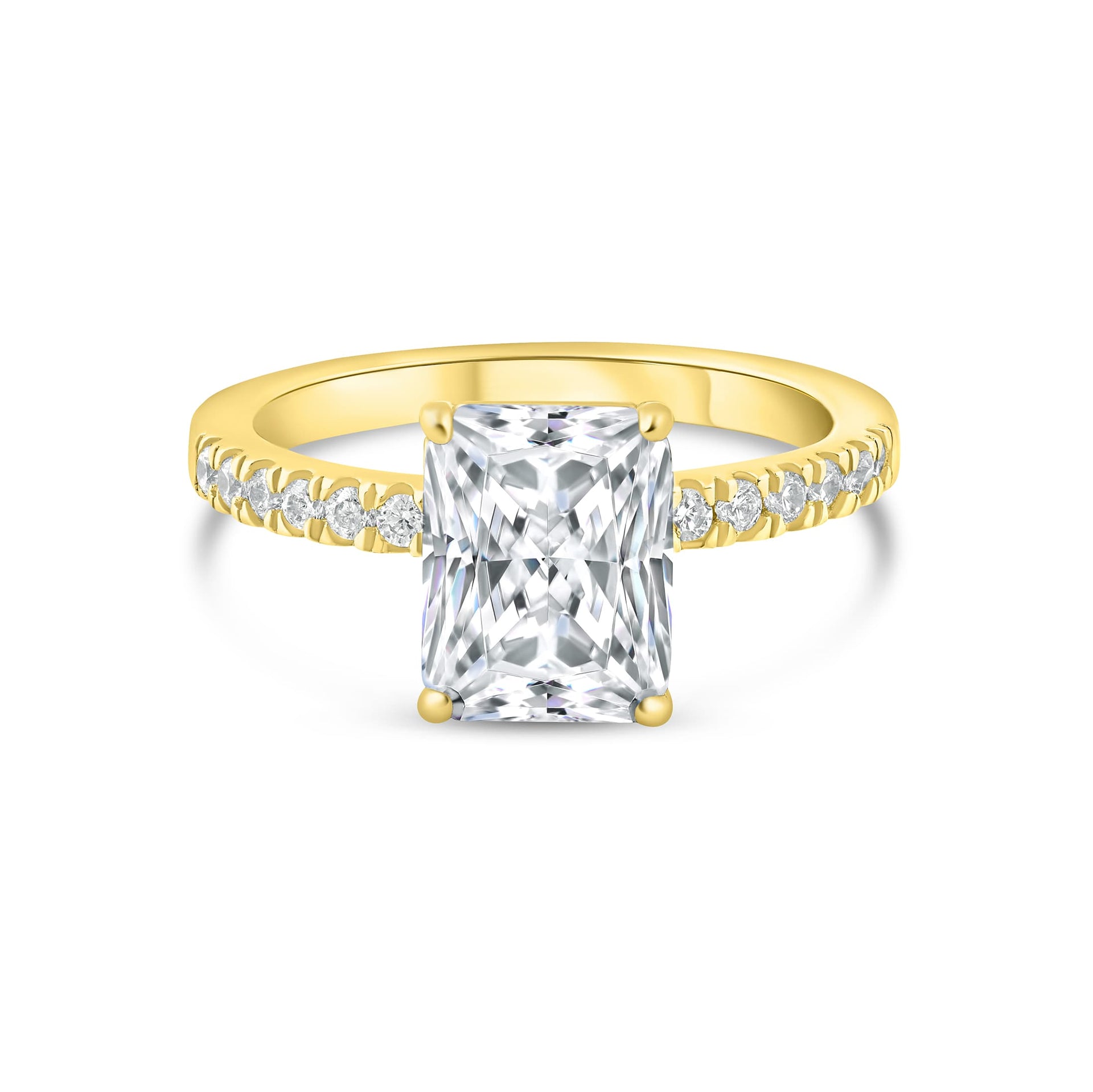 stunning radiant cut engagement ring on white background