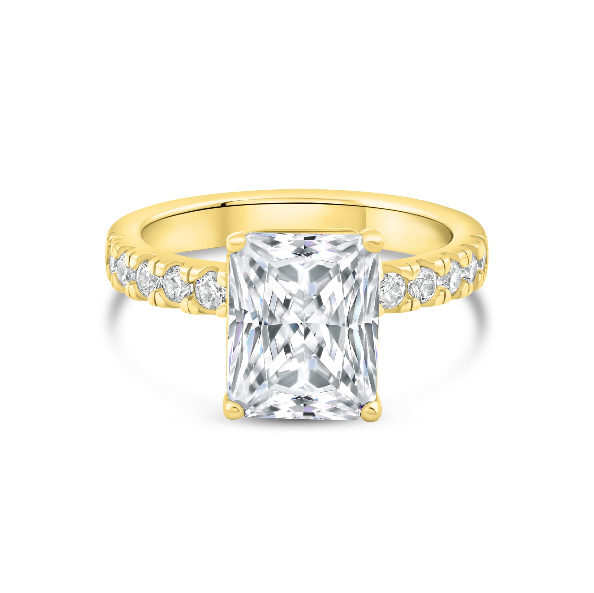 stunning radiant cut engagement ring on white background