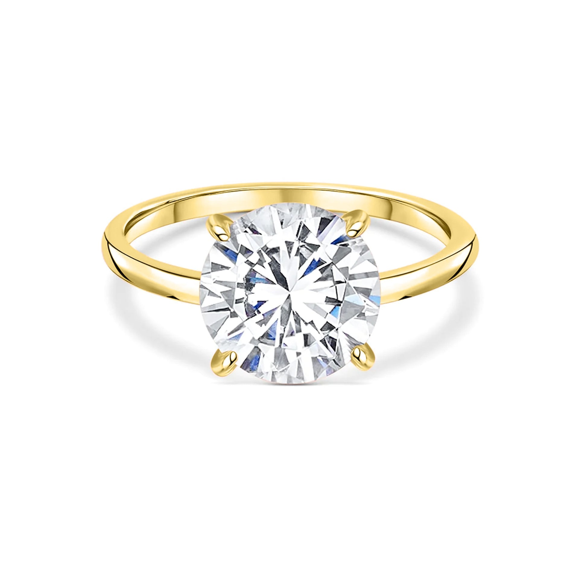 stunning round cut gold solitaire engagement ring on white background