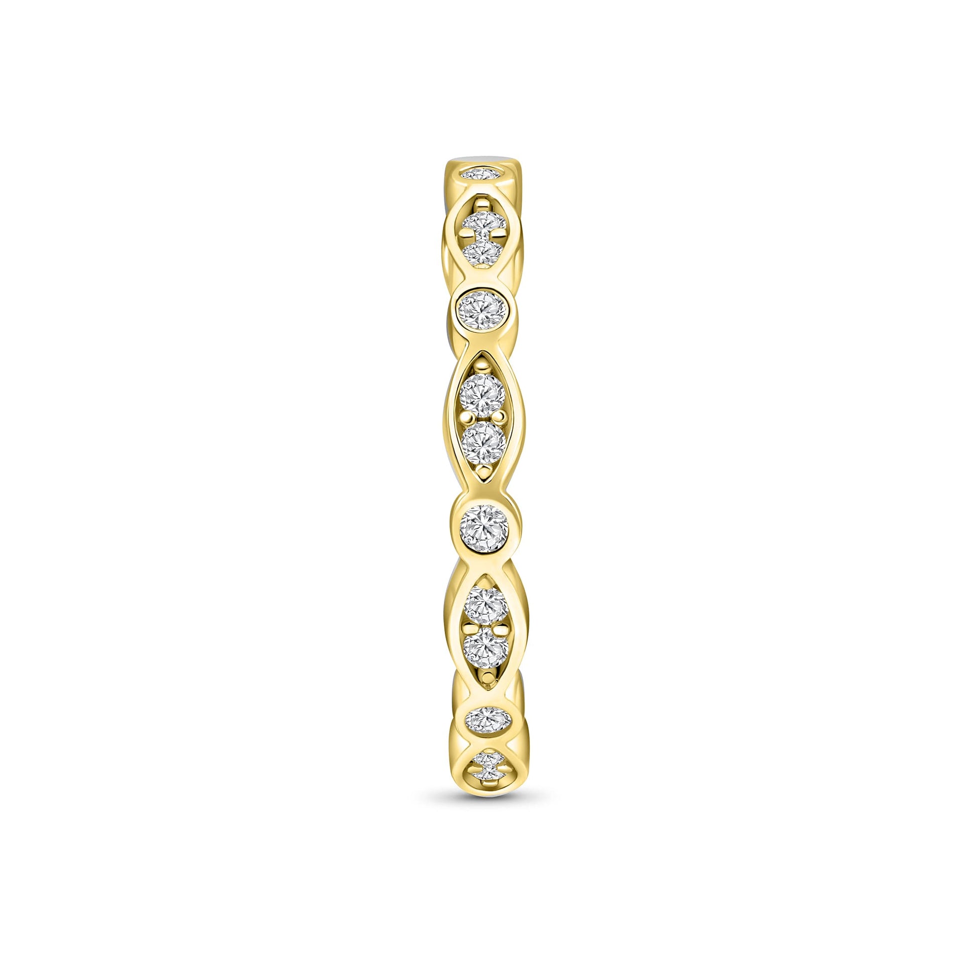 side view of gold vintage style eternity band on white background