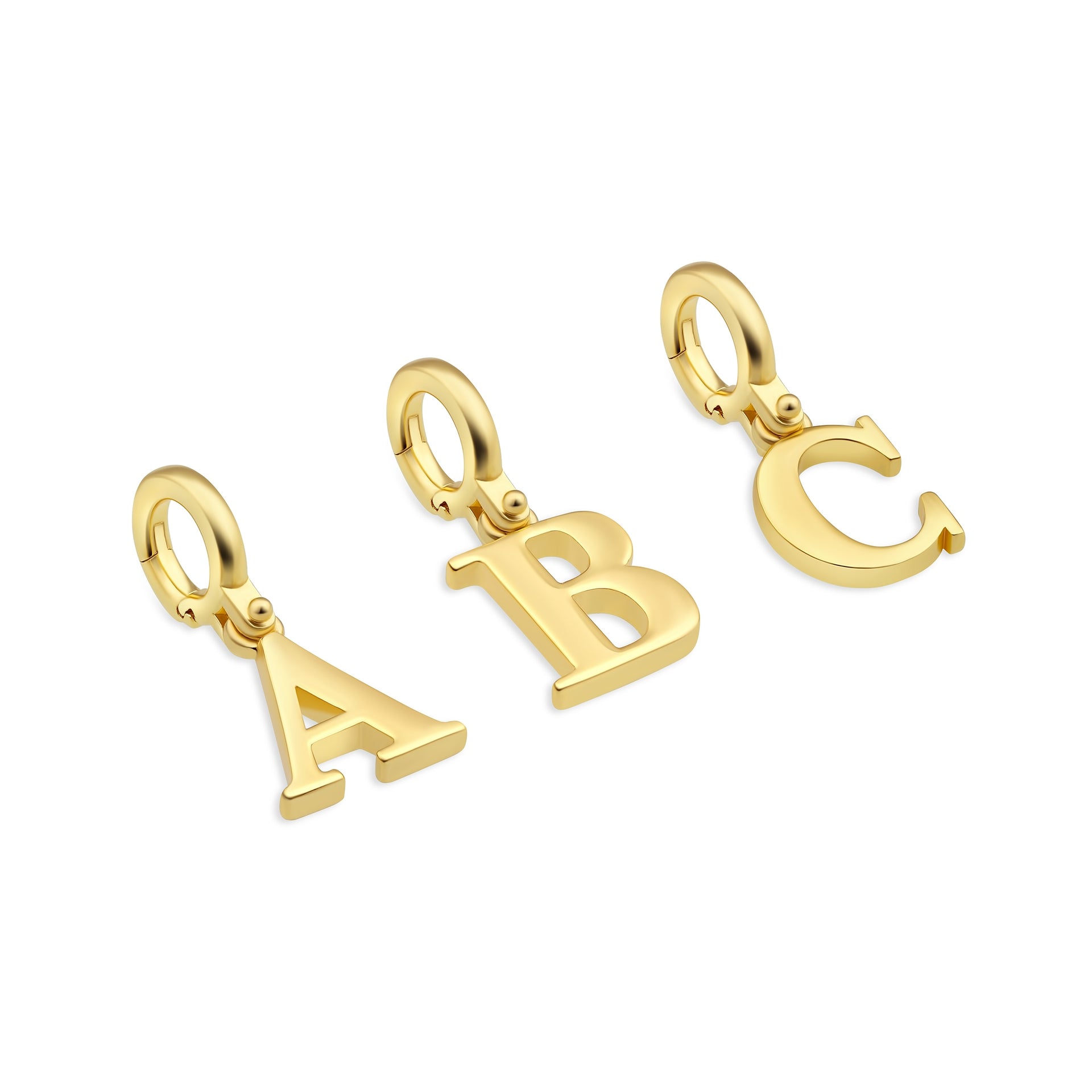 gold letter charms shown in "A", "B", and "C"