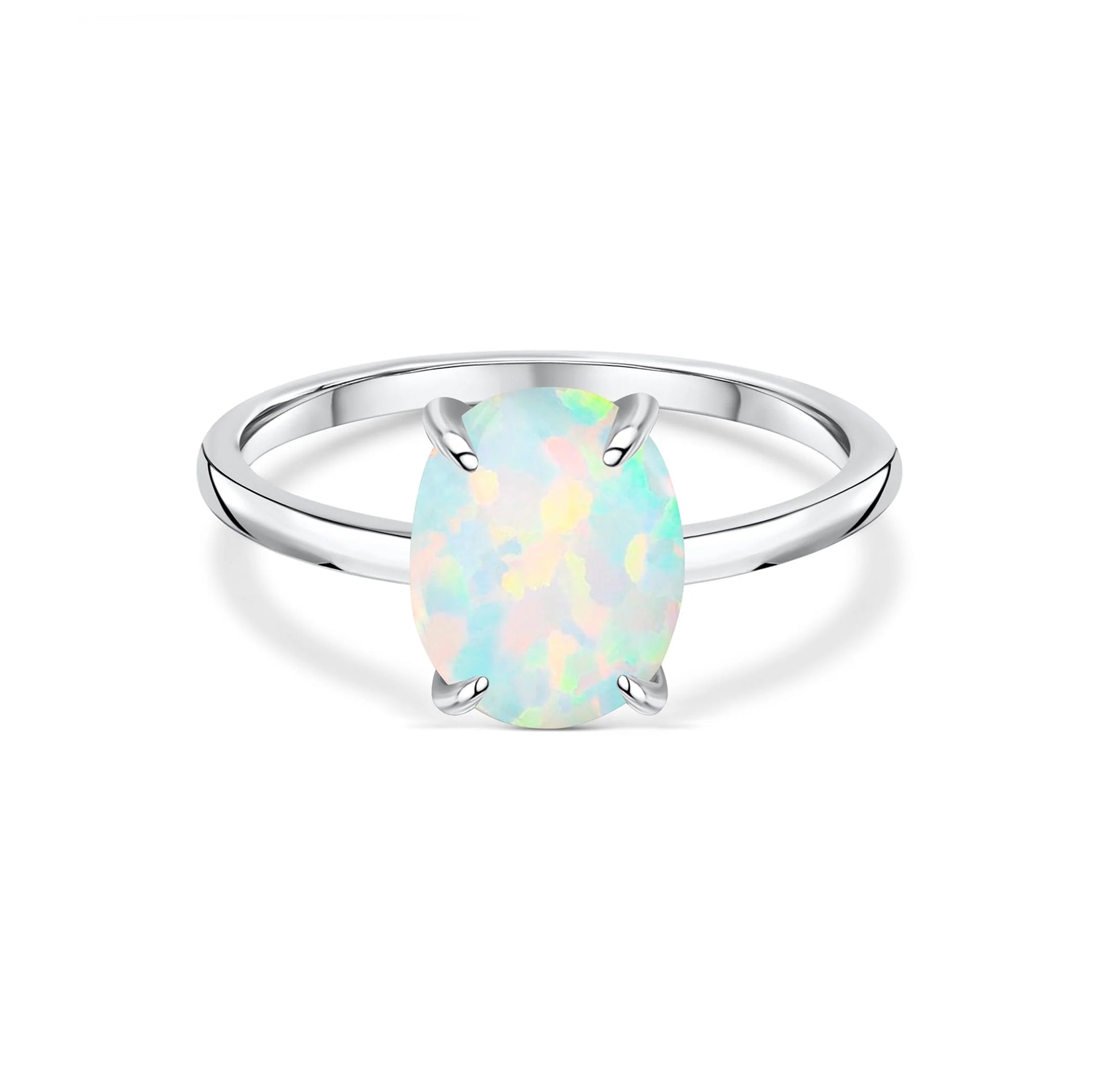 stunning oval opal silver engagement ring on white backdrop