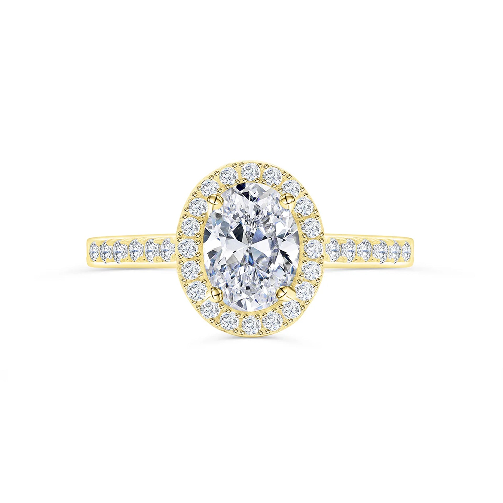 a gold oval cut engagement ring shown on a white background