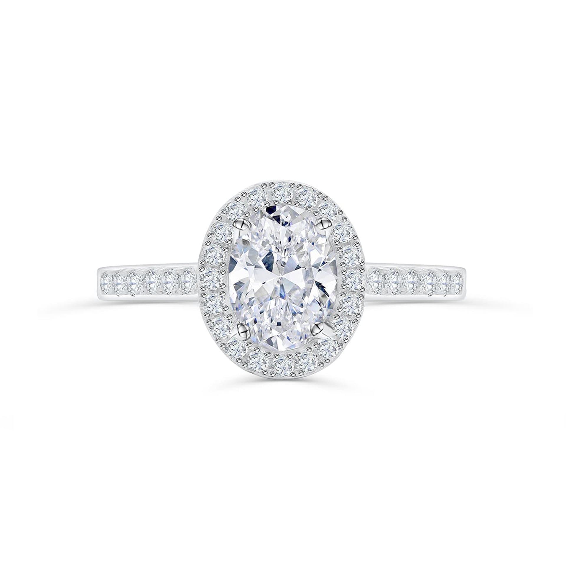 a silver oval cut engagement ring shown on a white background