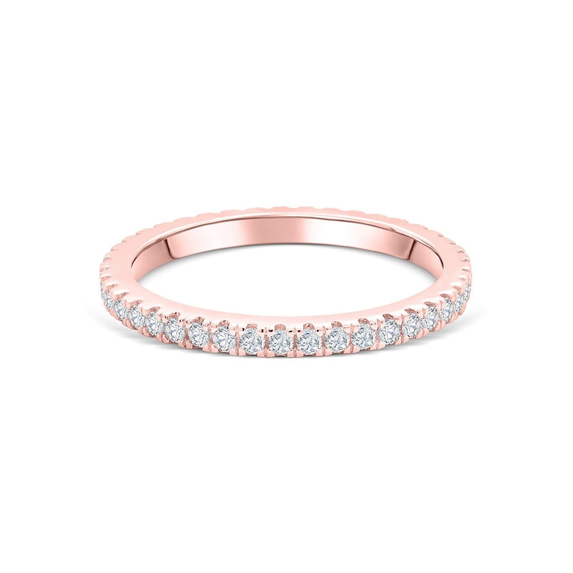 stunning eternity rose gold wedding band on white backdrop